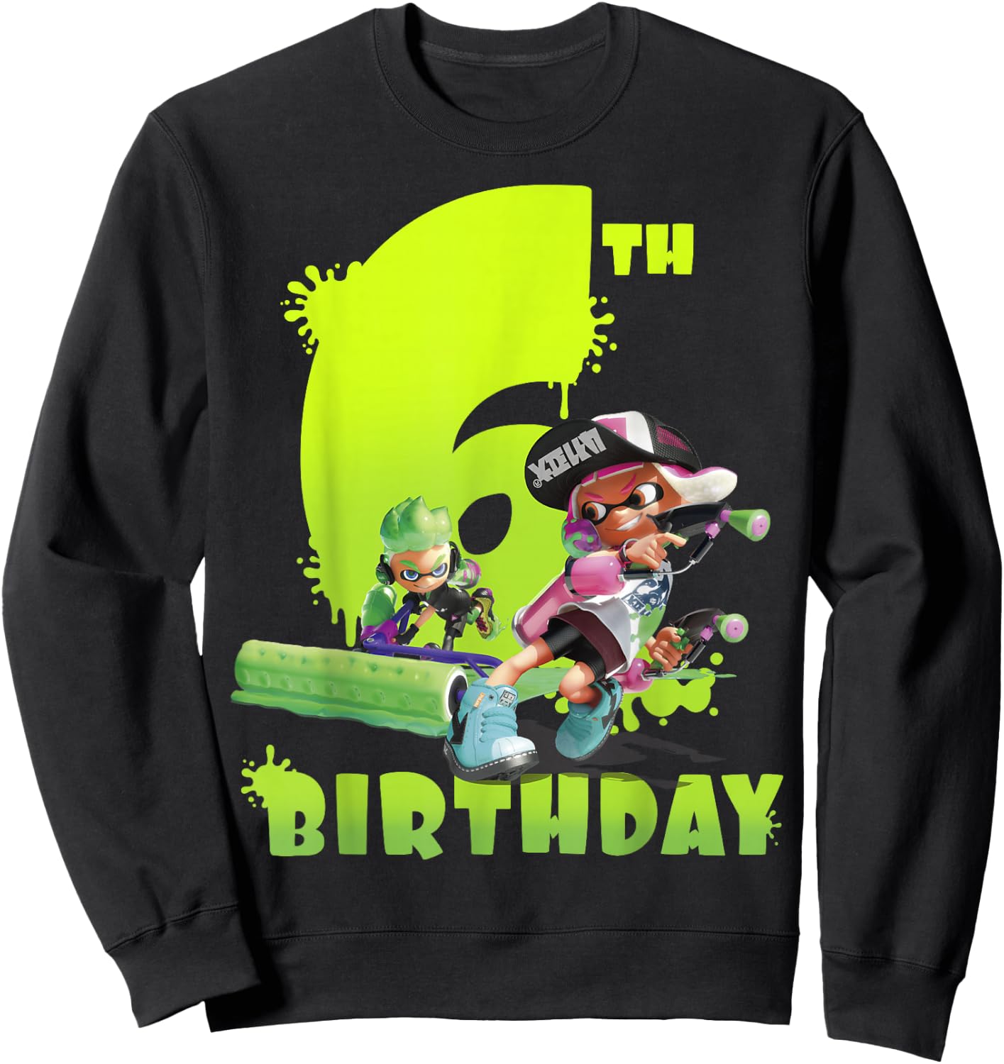 Splatoon Inkling 6th Birthday Green Splatter Portrait Sweatshirt - Sweatshirt | Black