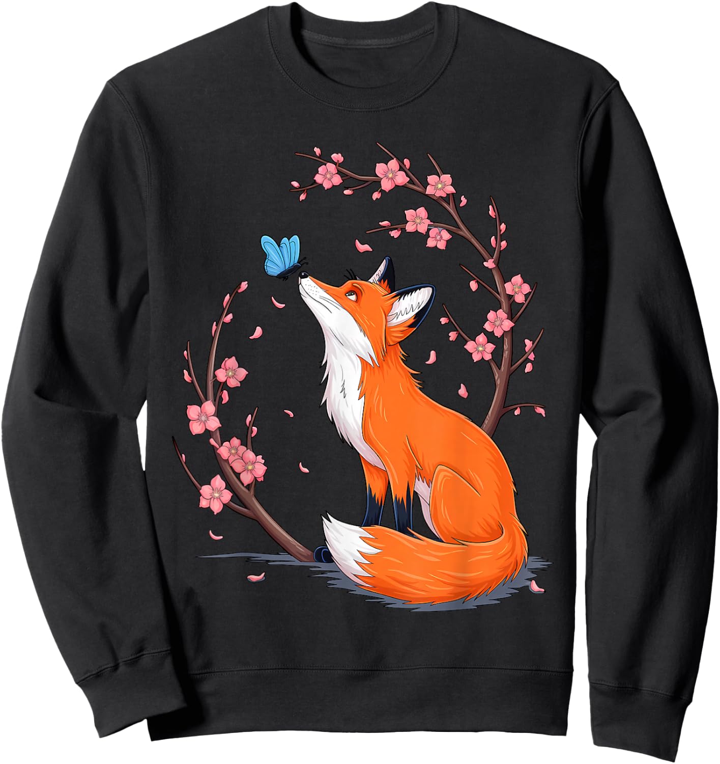 Fox Japanese Cherry Blossom Flower Vintage Sweatshirt - Sweatshirt | Black