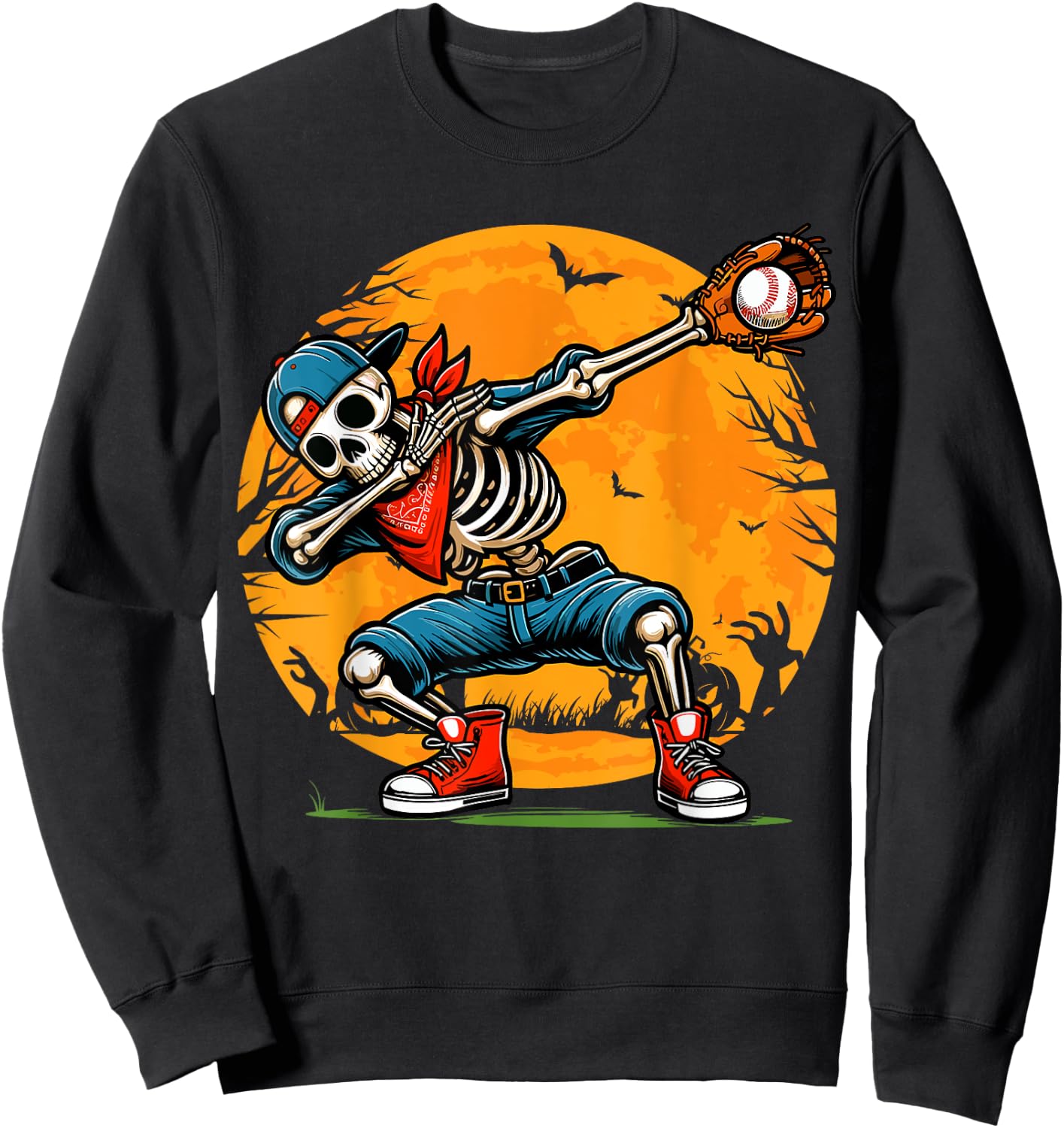 Dabbing Skeleton Baseball Halloween Spooky Baseball Player Sweatshirt - Sweatshirt | Black