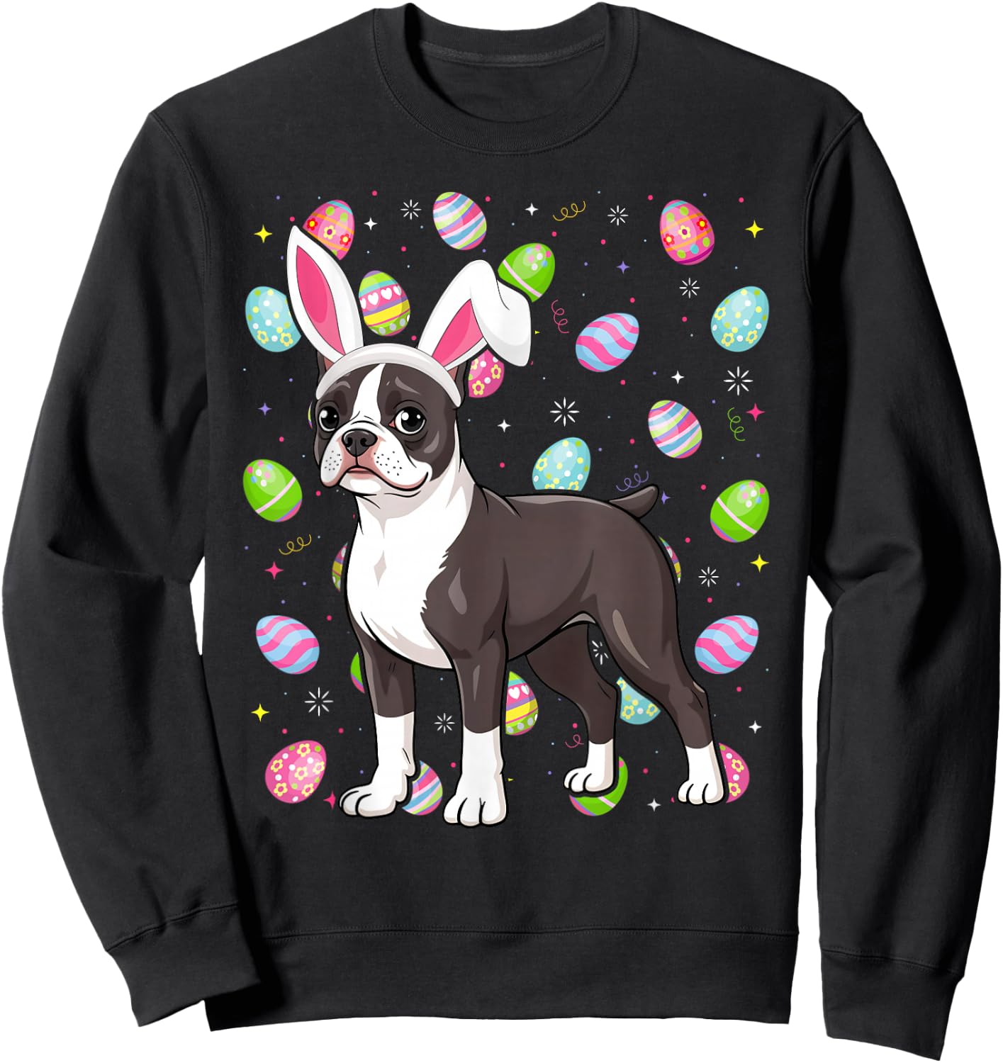 Boston Terrier Dog Happy Easter Egg Hunt Bunny Ear Easter Sweatshirt - Sweatshirt | Black