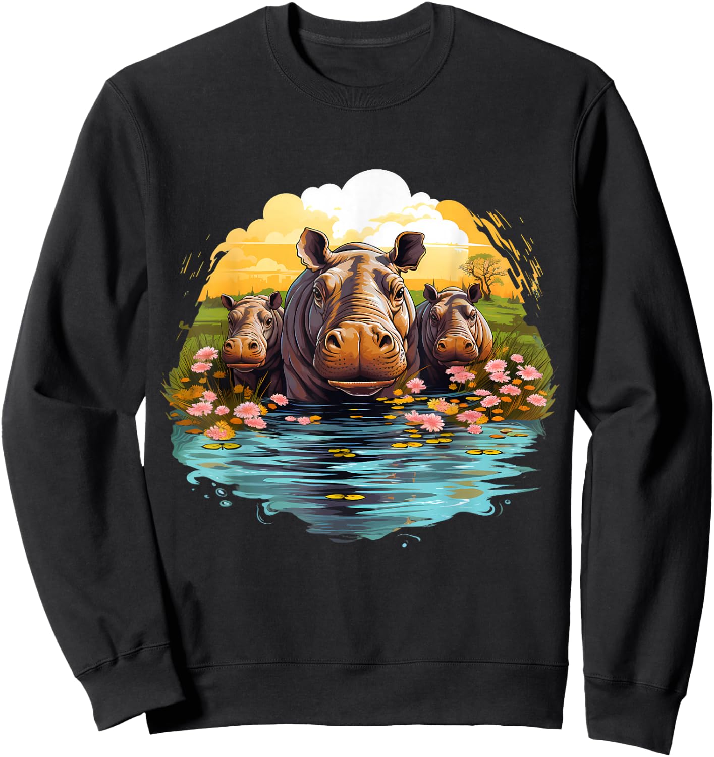 Hippo Floral Artwork Nature Wildlife Hippopotamus Savanna Sweatshirt - Sweatshirt | Black