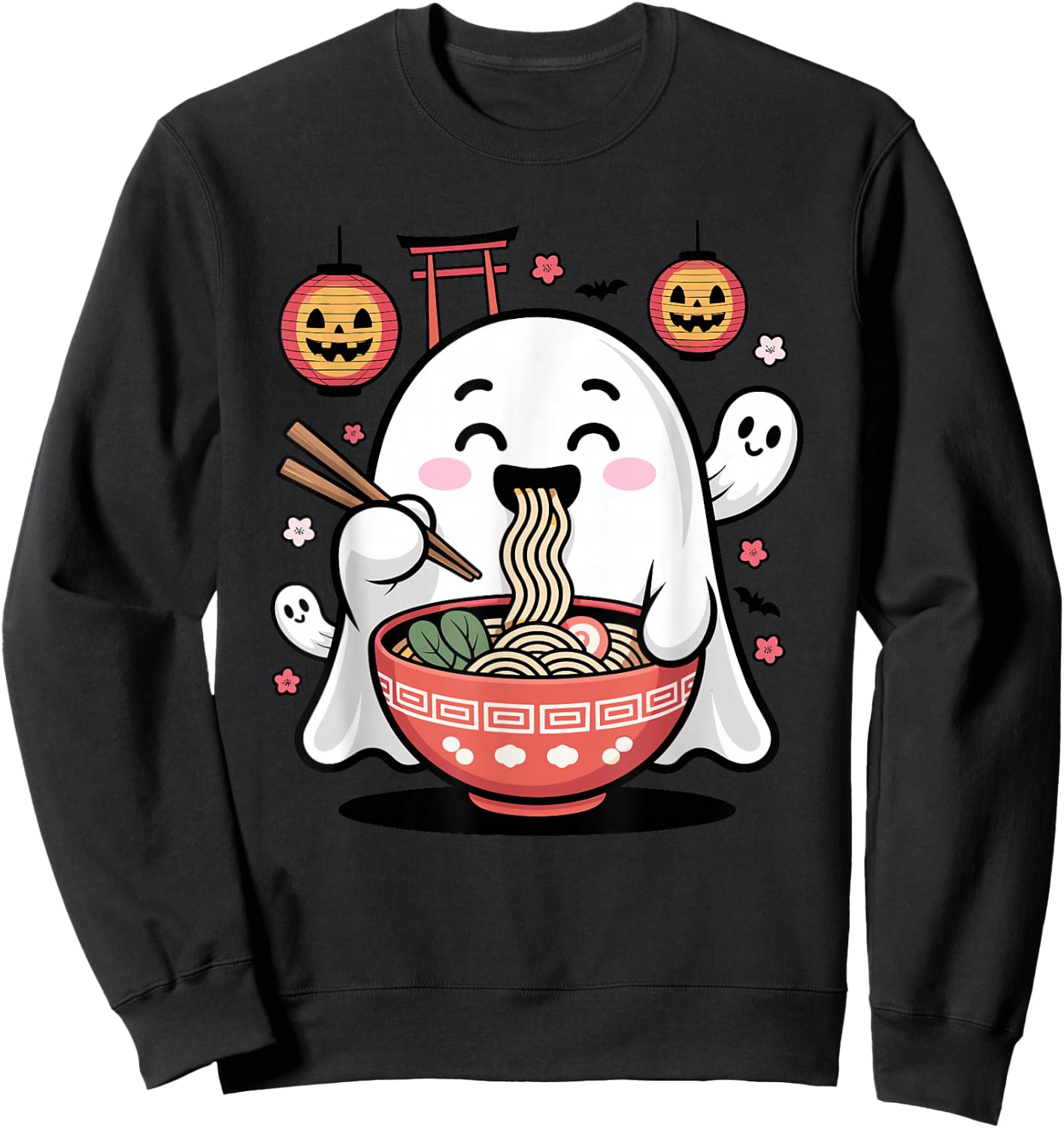 Mignon fantôme Mangeant Ramen Halloween Kawaii Effrayant Sweatshirt - Sweatshirt | Black