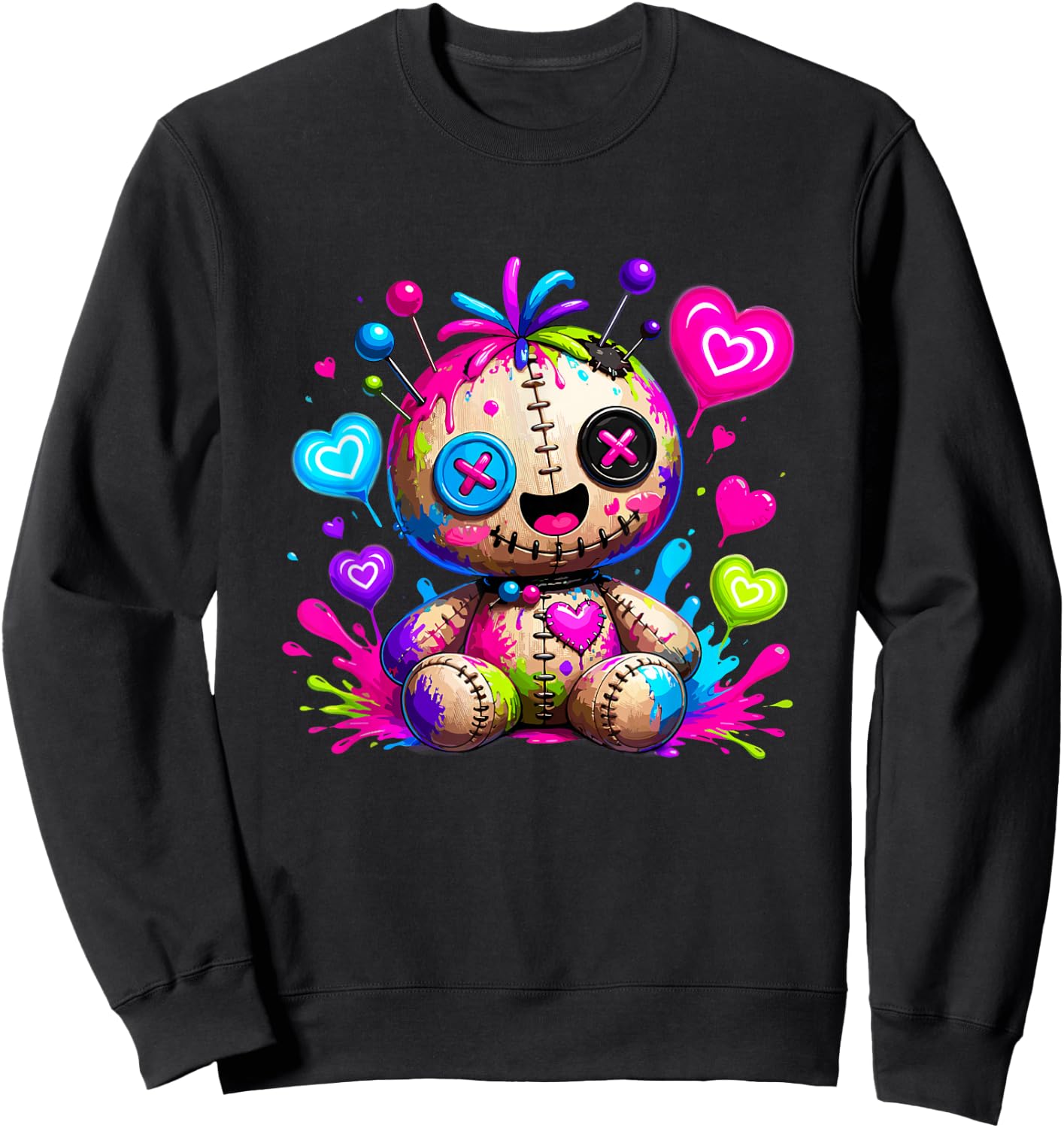 Colorful Creepy Cute Voodoo Doll Pastel Goth Hearts Sweatshirt - Sweatshirt | Black