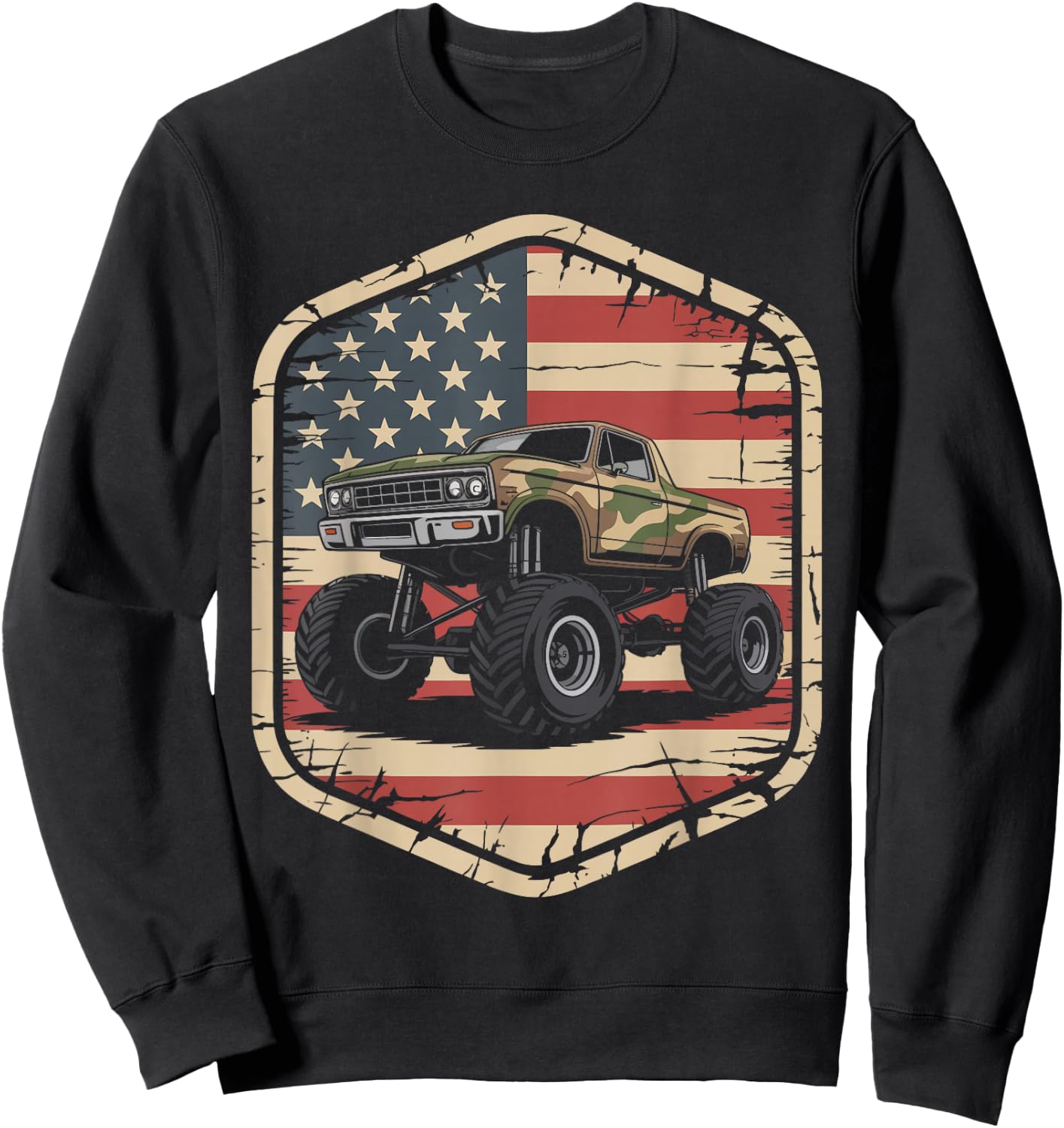 Monster Trucks USA Flag 4th July Monster Truck Sweatshirt - Sweatshirt | Black