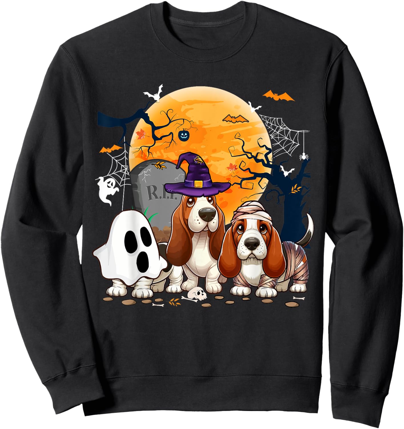 Three Halloween Basset Hounds Cosplay Witch Ghost Mummy Sweatshirt - Sweatshirt | Black