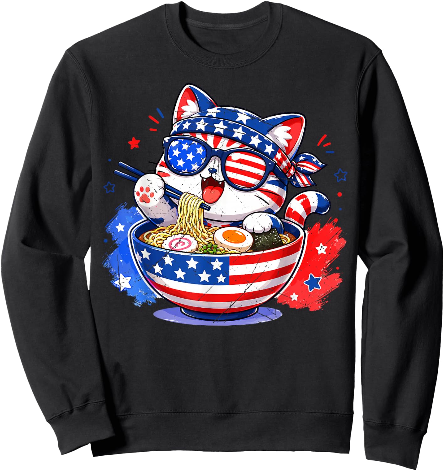 Cute Cat Ramen Anime American Flag USA Patriotic 4th of July Sweatshirt - Sweatshirt | Black