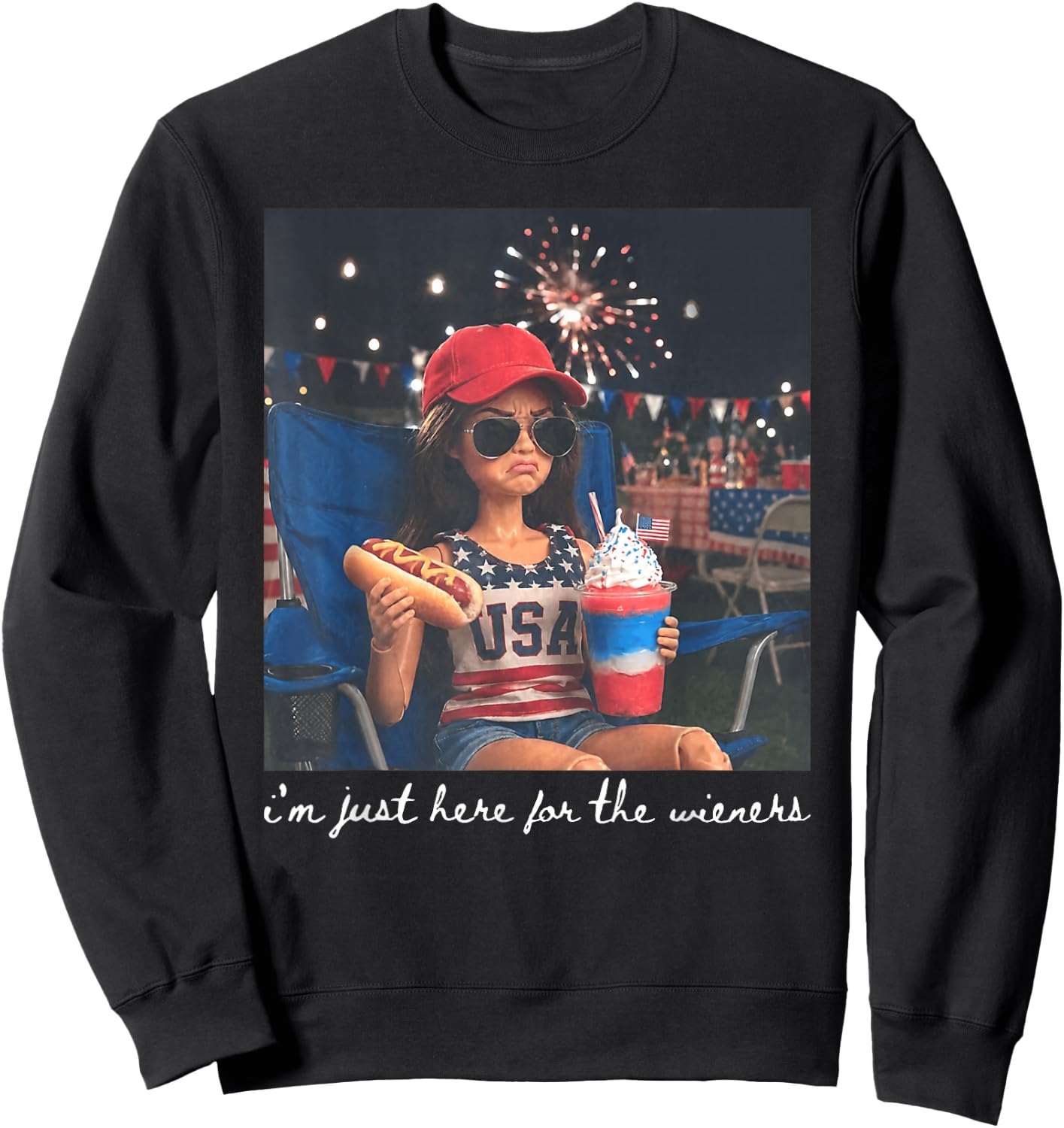Just Here for The Wieners Funny 4th of July Girl Face Meme Sweatshirt - Sweatshirt | Black