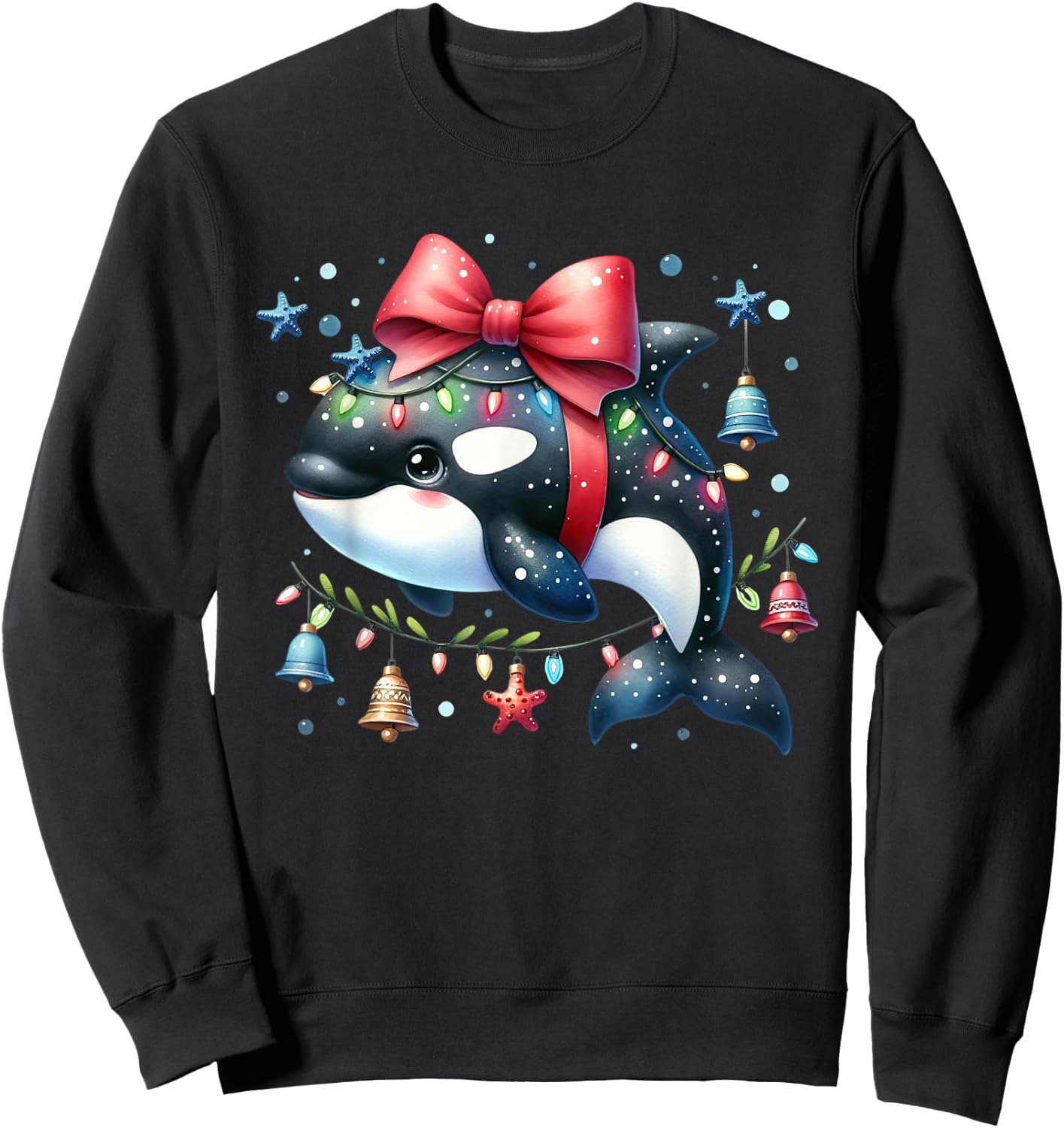 Santa Orca Killer Whale for Boys Girls Christmas Tree Lights Sweatshirt - Sweatshirt | Black