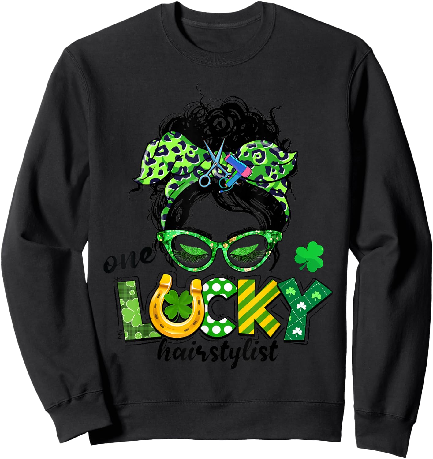 One Lucky Hairstylist Messy Bun Women St Patrick's Day Sweatshirt - Sweatshirt | Black