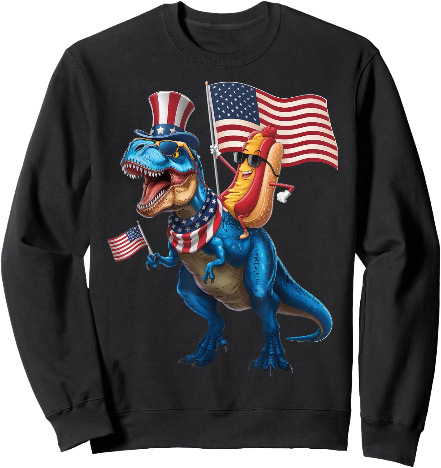 Hotdog Riding TRex Dinosaur 4th of July USA Flag Sweatshirt - Sweatshirt | Black