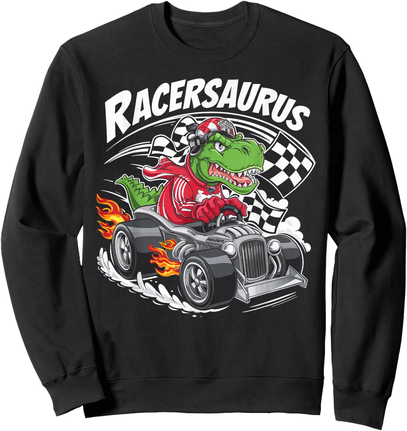 Funny Dinosaur Racer Racing Racersaurus Kids Boys Sweatshirt - Sweatshirt | Black