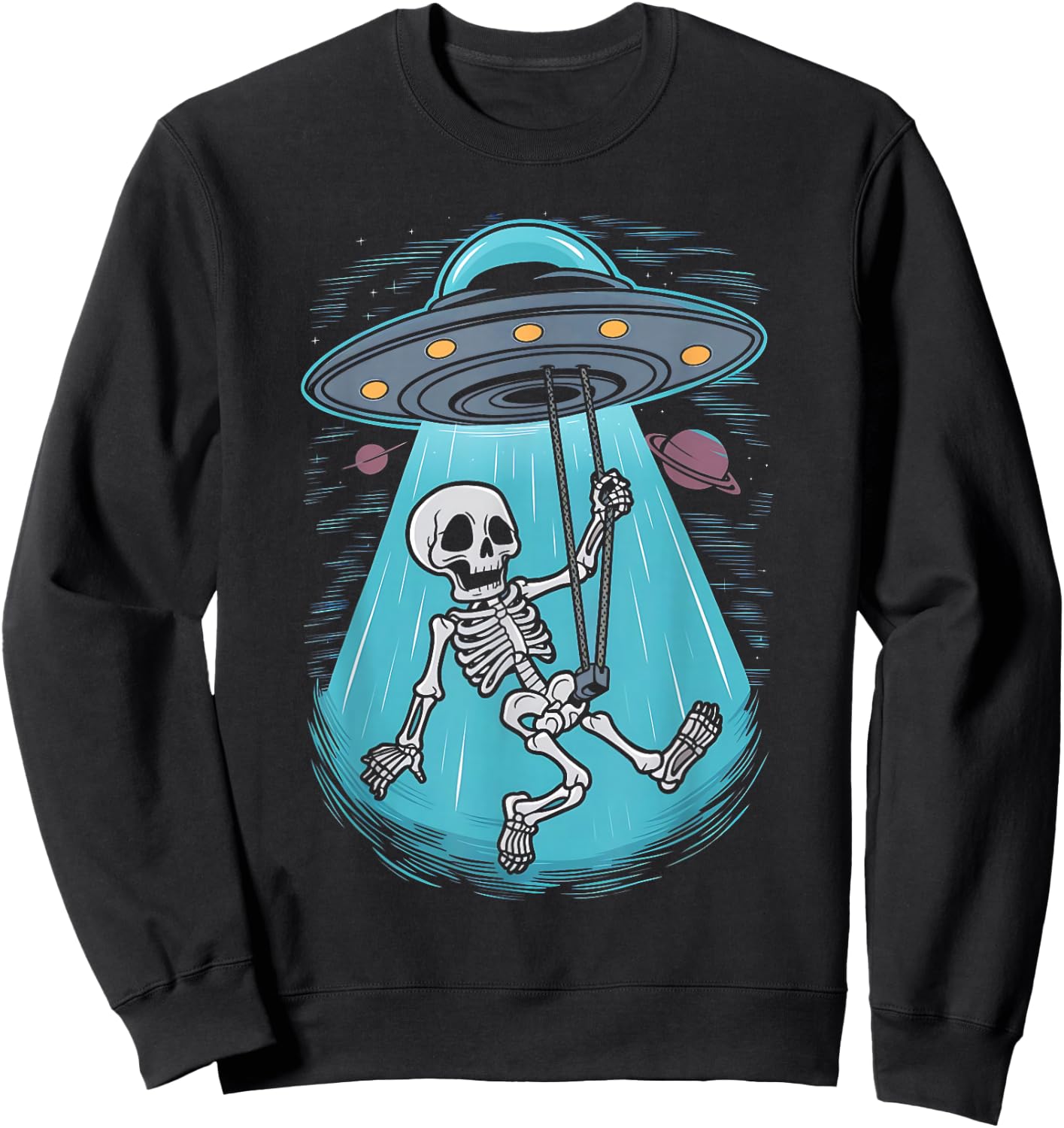 Skeleton Alien UFO Beam Swing Boys Girts Halloween Graphic Sweatshirt - Sweatshirt | Black