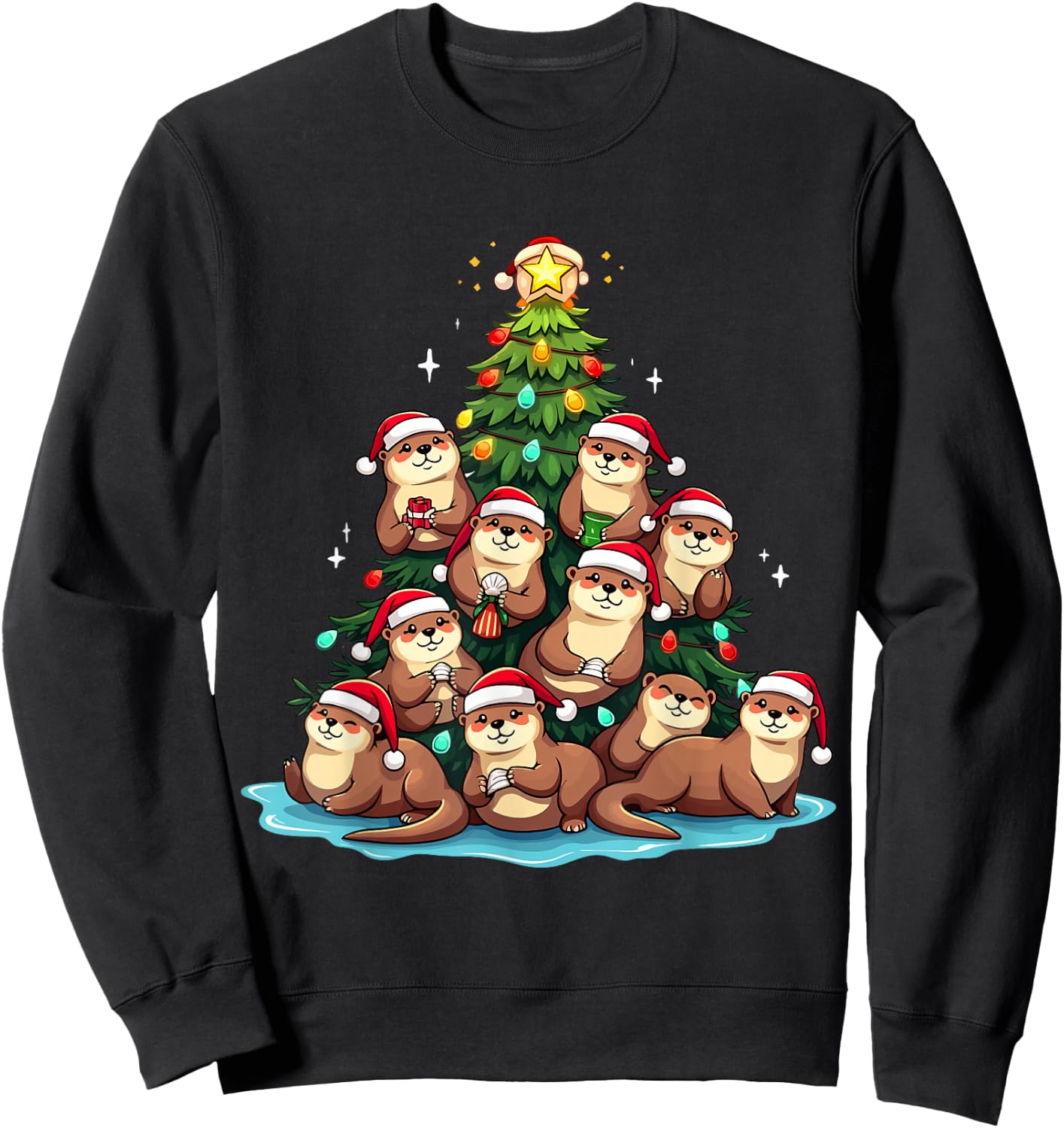 Otter Christmas Tree Funny Water Weasel Holiday Sweatshirt - Sweatshirt | Black