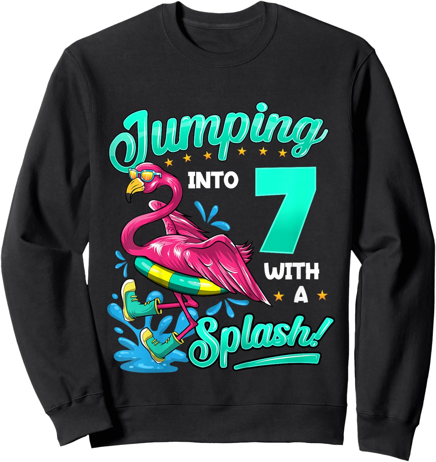 7th Birthday Flamingo Pool Party Jumping Into 7 Years Old Sweatshirt - Sweatshirt | Black