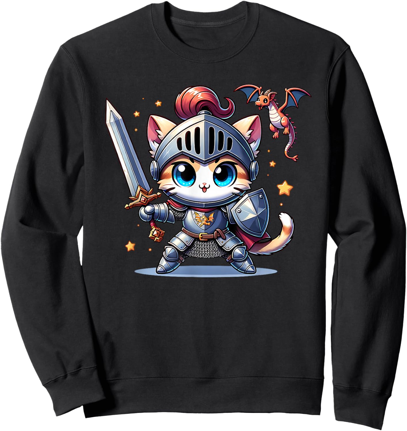Ren Faire Medieval Knight Cat Kitten Sword Dragon Graphic Sweatshirt - Sweatshirt | Black