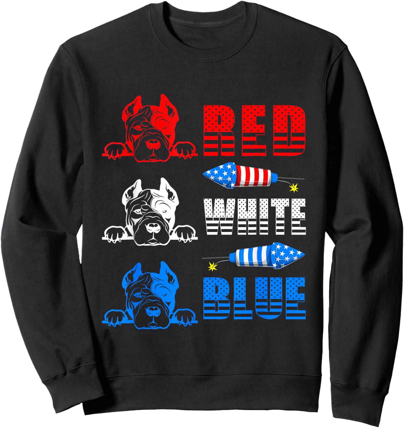 Red White Blue Three Cute Pit Bull 4th Of July American Flag Sweatshirt - Sweatshirt | Black