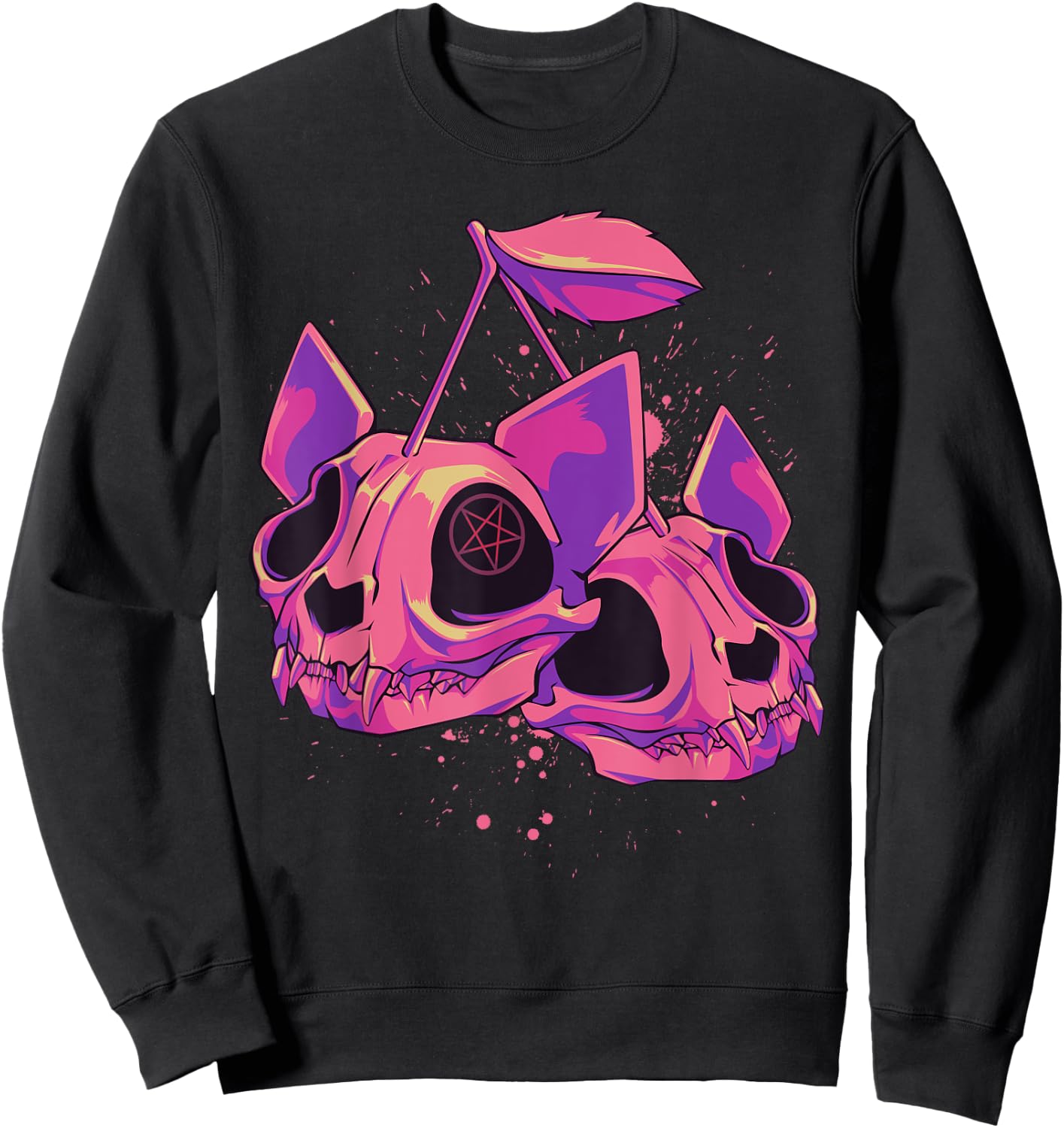 Pastel Goth Soft Grunge Cherry Cat Skulls Sweatshirt - Sweatshirt | Black