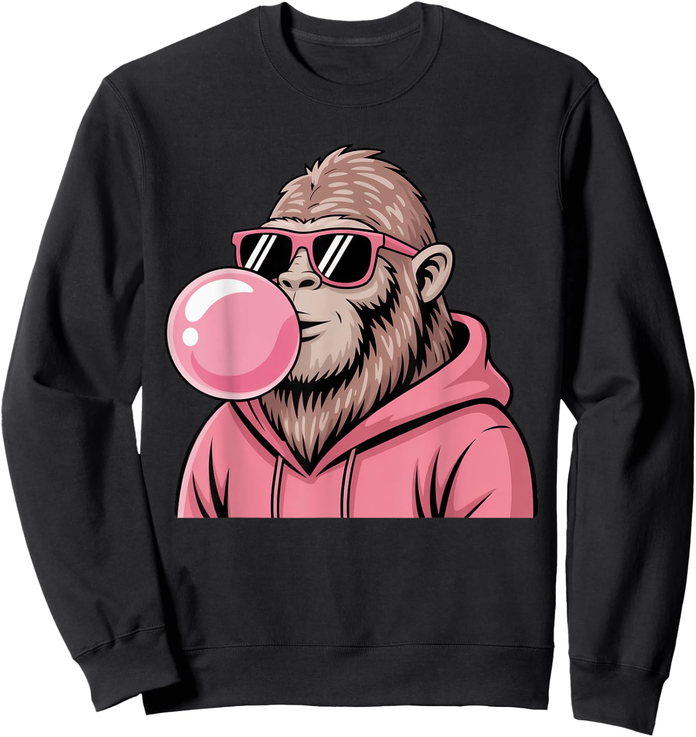 Bigfoot Sasquatch Blowing Pink Bubble Gum and Sunglasses Sweatshirt - Sweatshirt | Black