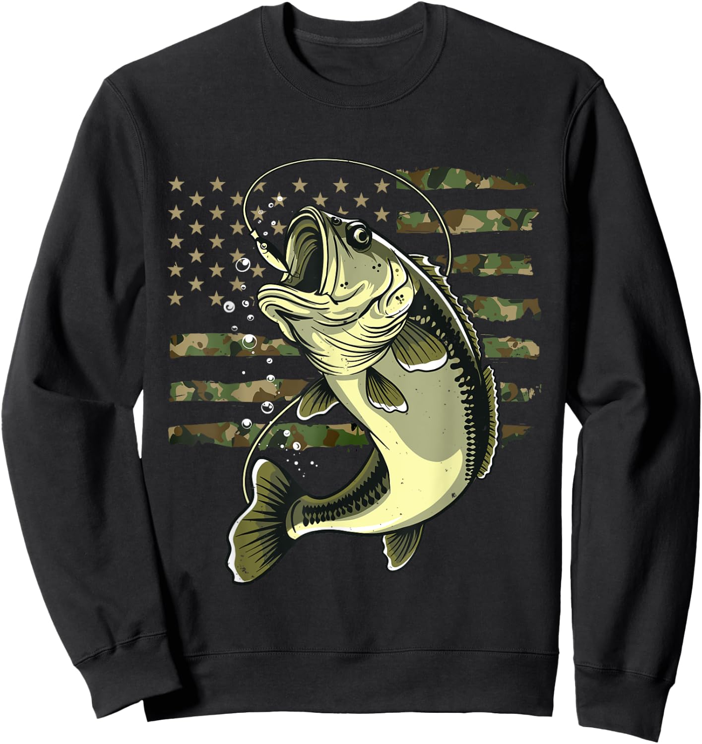 Bass Fish Fishing USA American Flag Camouflage Fisherman Sweatshirt - Sweatshirt | Black