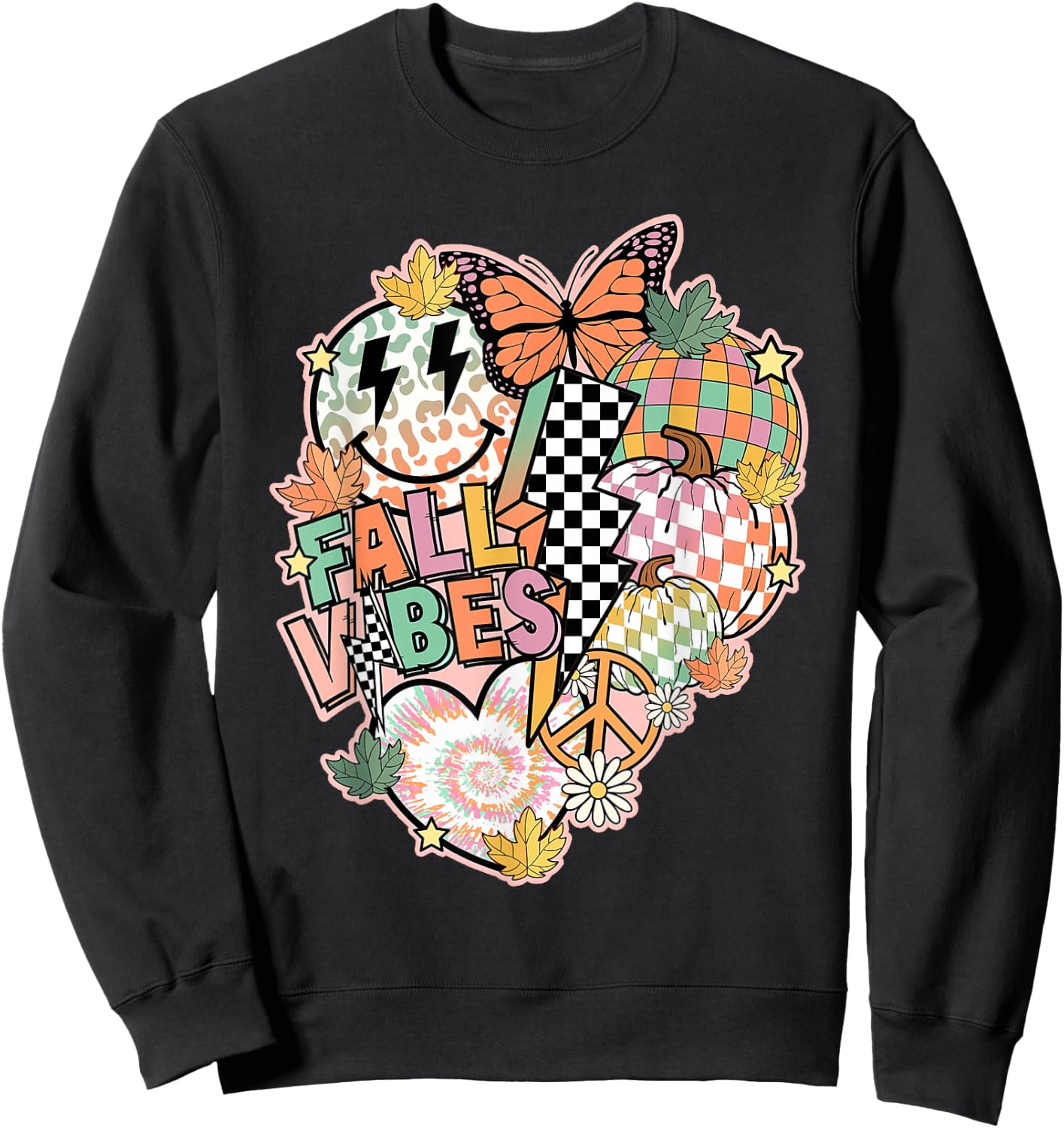 Fall Vibes Smile Face Hippie Groovy Thanksgiving Autumn Sweatshirt - Sweatshirt | Black