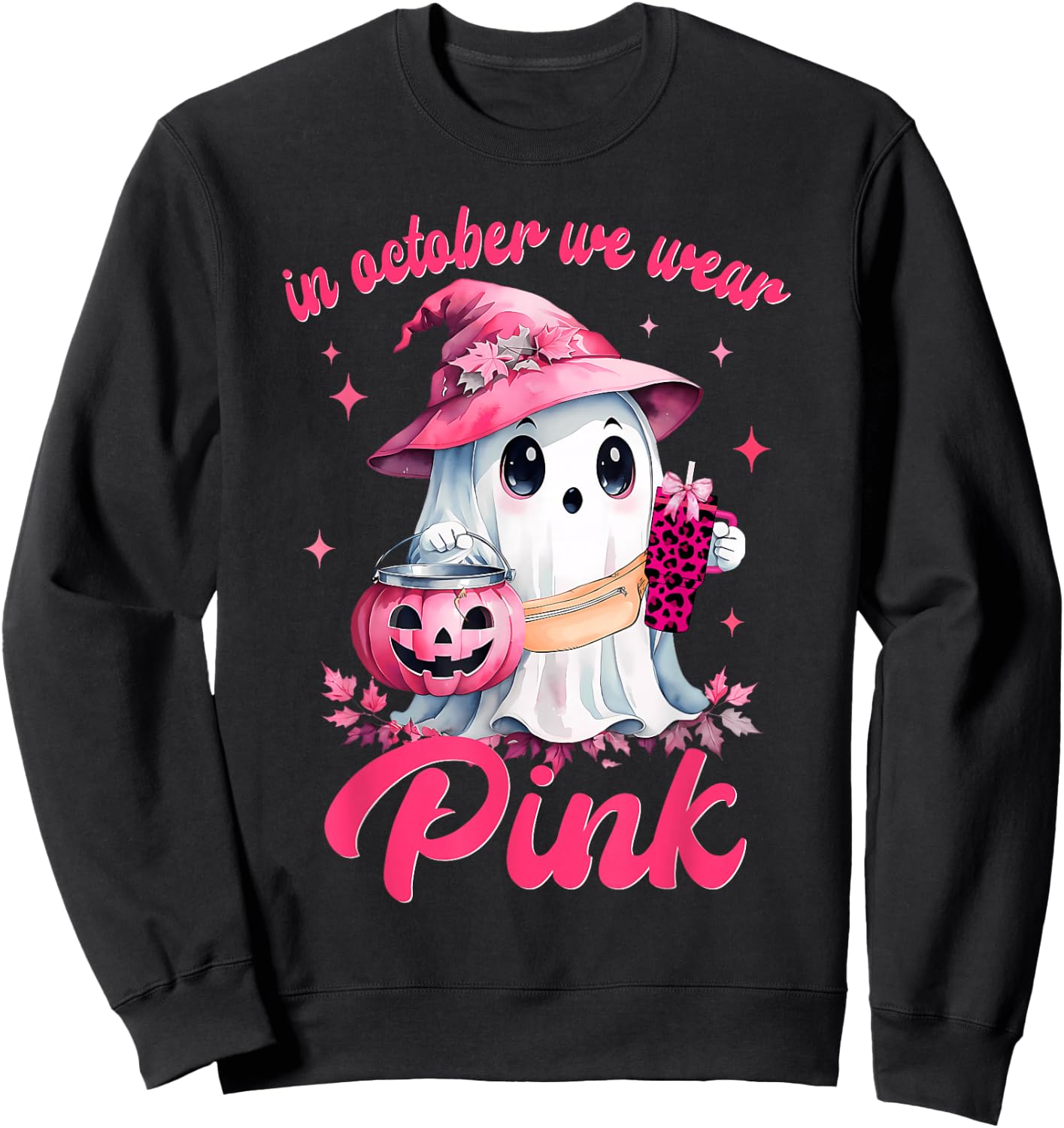 In October We Wear Pink Ghost Witch Breast Cancer Awareness Sweatshirt - Sweatshirt | Black