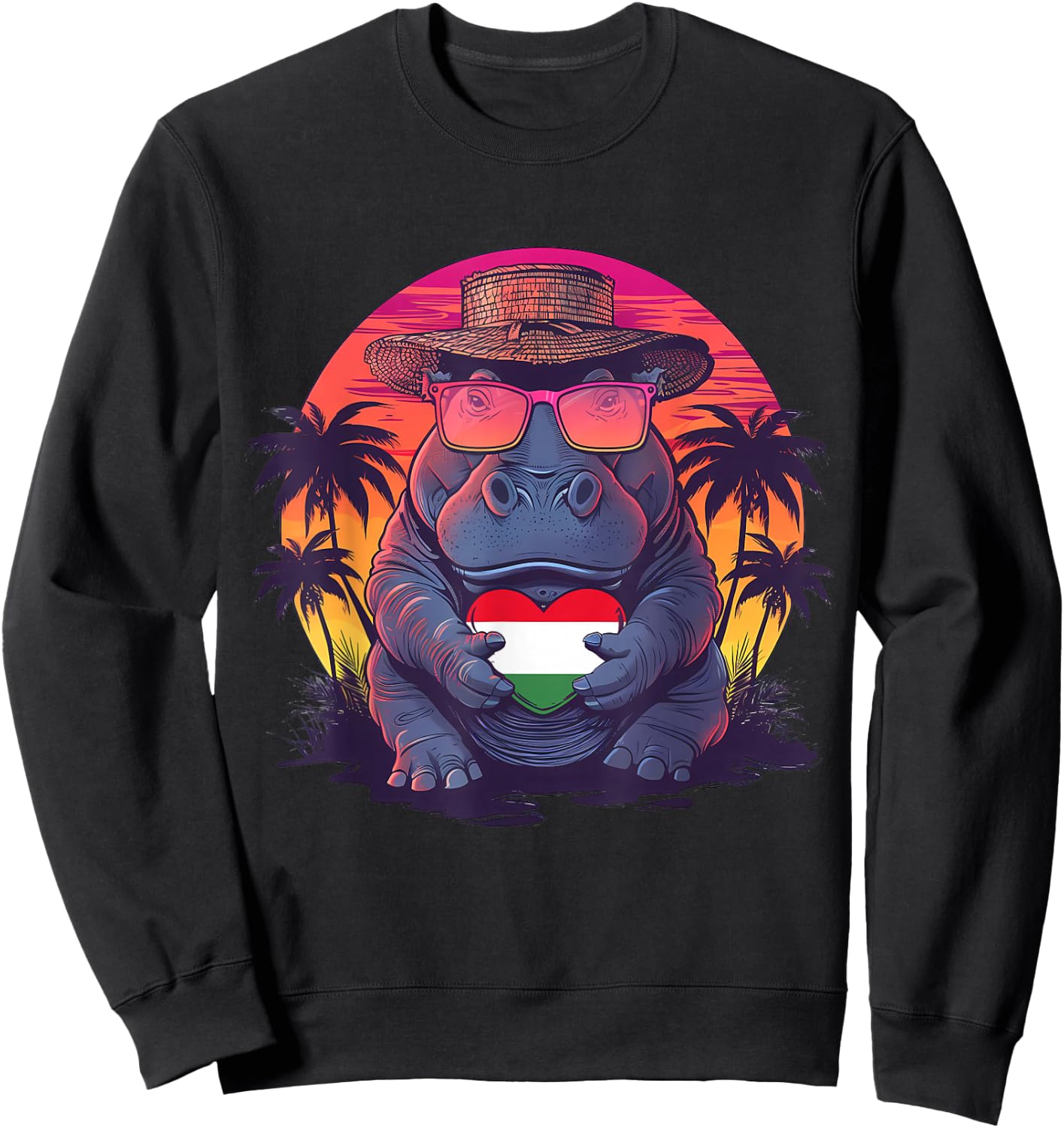 Hungary Flag Rhino Sunset Heart Sunglasses Hungarian Roots Sweatshirt - Sweatshirt | Black