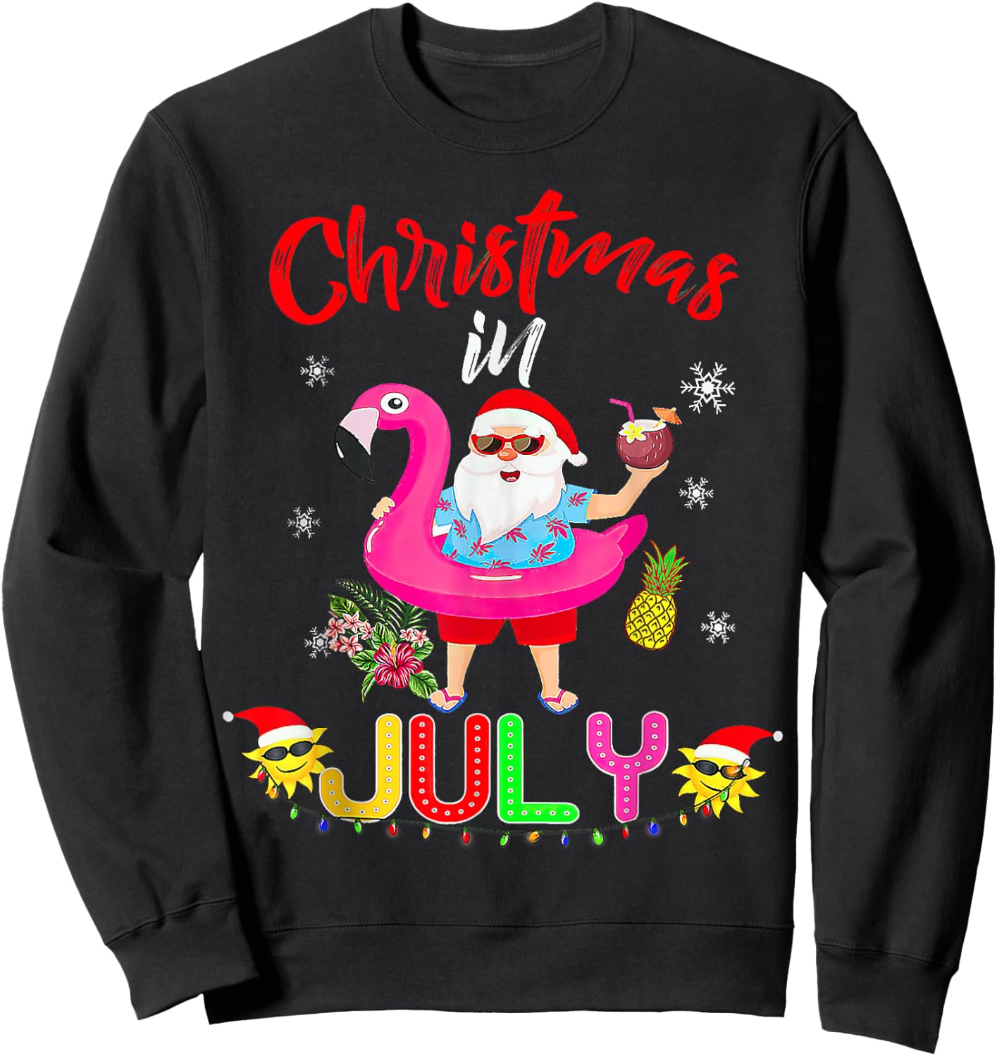 Christmas in July Santa Hawaiian flamingo Sweatshirt - Sweatshirt | Black