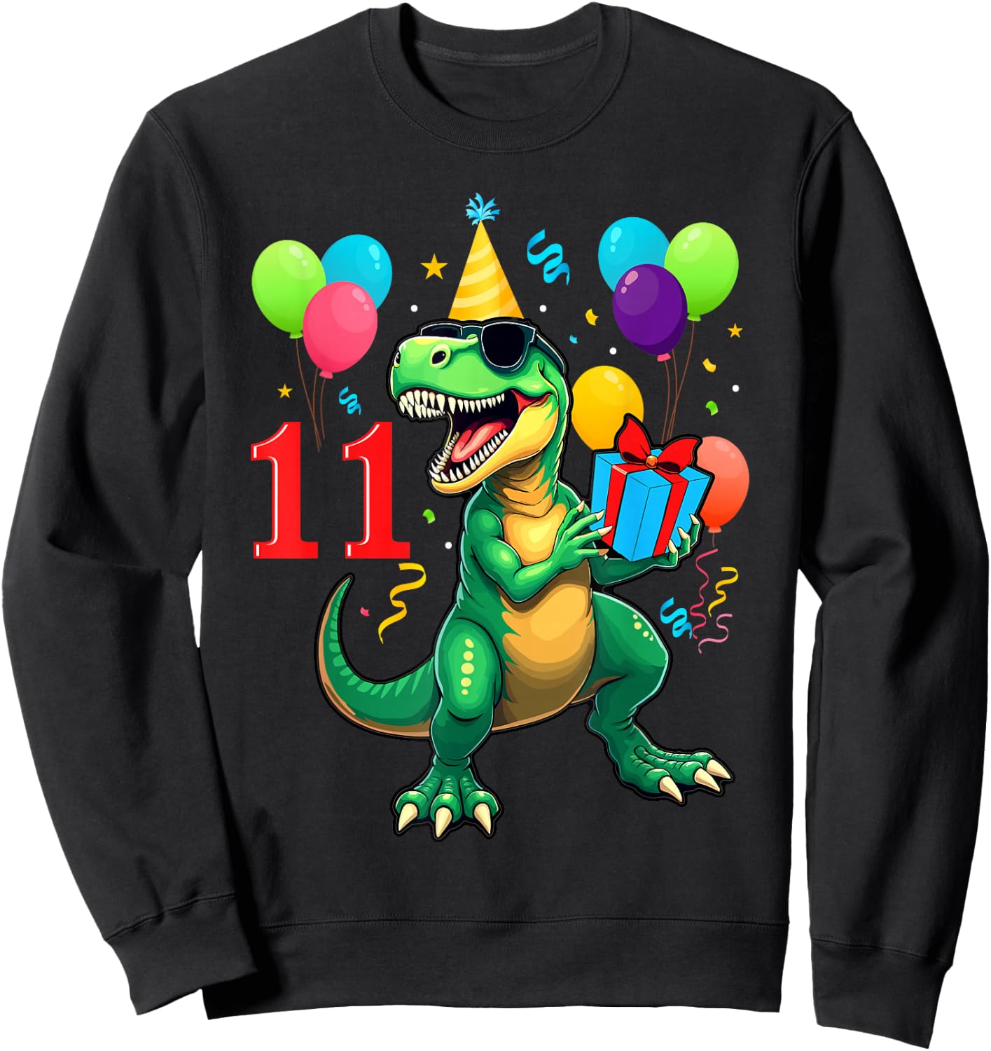 11th Birthday Shirt Boy Dinosaur Happy Bday T-rex Party Kids Sweatshirt - Sweatshirt | Black