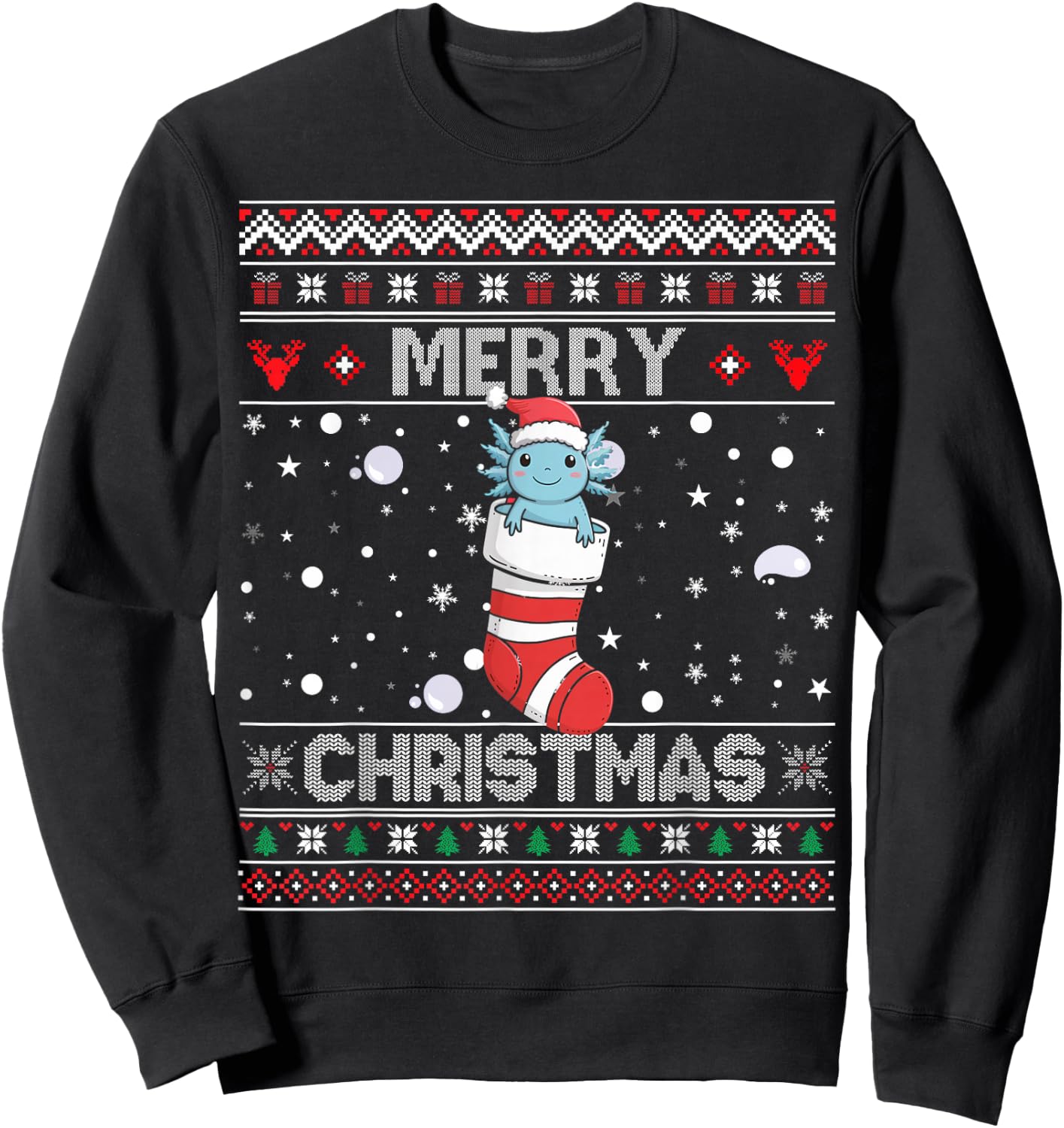 Axolotl Stocking Merry Ugly Christmas Kawaii Sweater Holiday Sweatshirt - Sweatshirt | Black