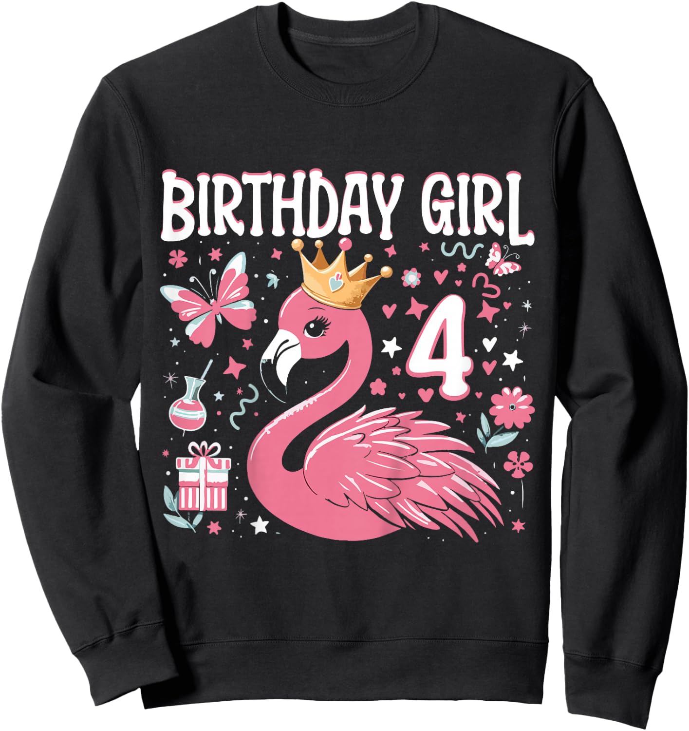 Kids 4th Birthday Gift Flamingo Fan 4 Year Old Girls 4th Bday Sweatshirt - Sweatshirt | Black