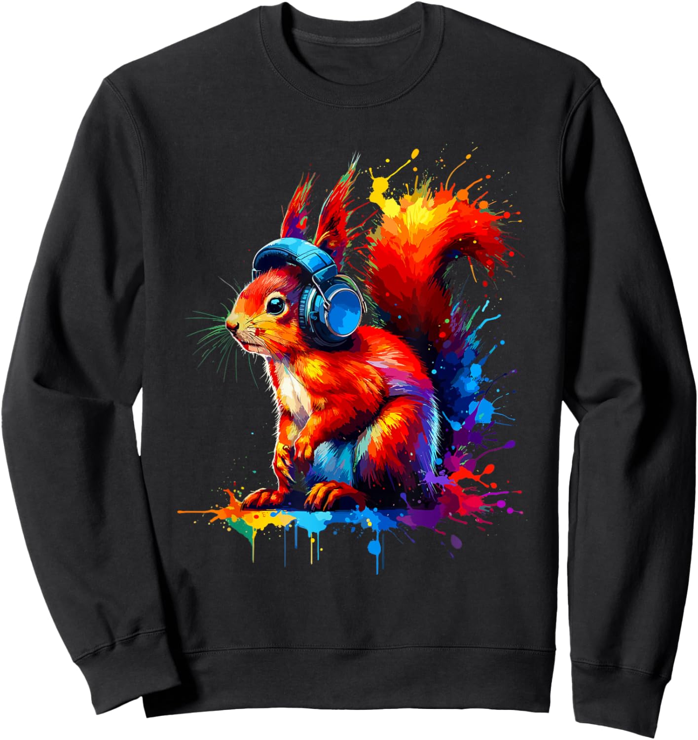 Colourful Splash Art Headphones with Red Squirrel , black Sweatshirt - Sweatshirt | Black