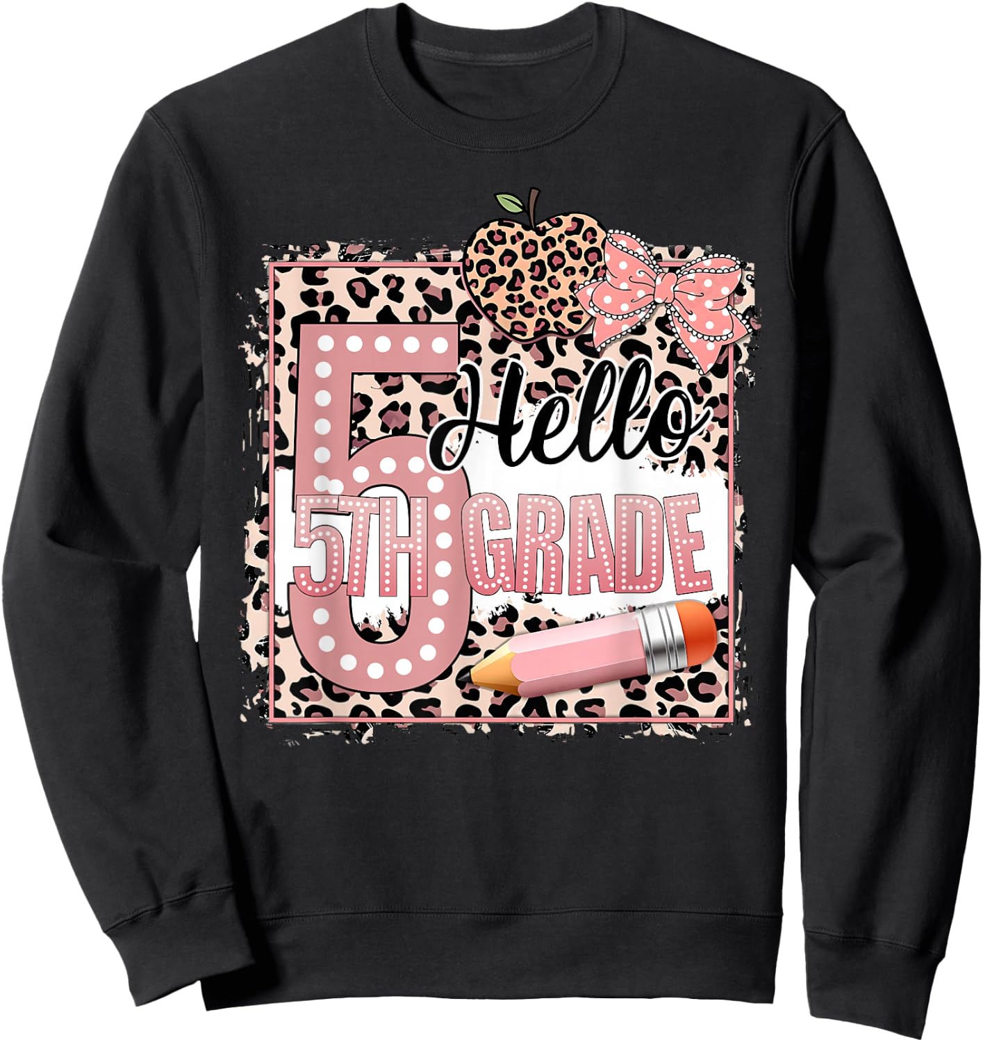 Cute Hello 5th Grade Pink Leopard Print Girls Kids Sweatshirt - Sweatshirt | Black