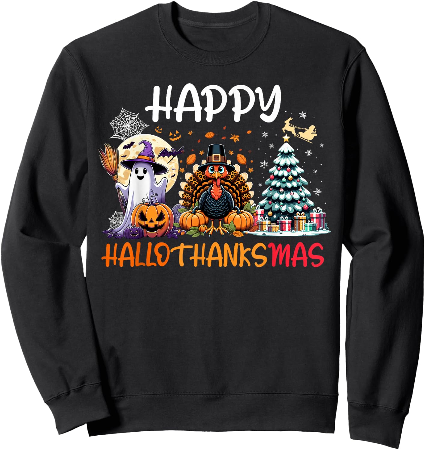 Halloween Thanksgiving Christmas Turkey Happy HalloThanksMas Sweatshirt - Sweatshirt | Black