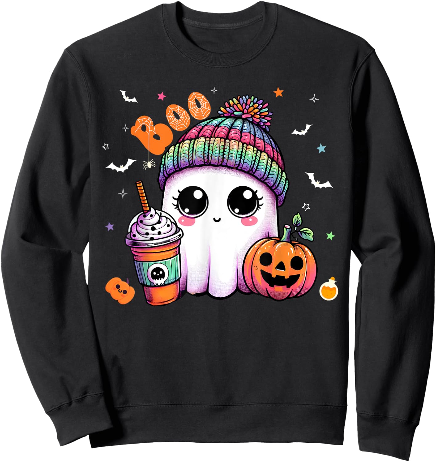 Cute Ghost Boo Drinking Pumpkin Spice Coffee Halloween Sweatshirt - Sweatshirt | Black