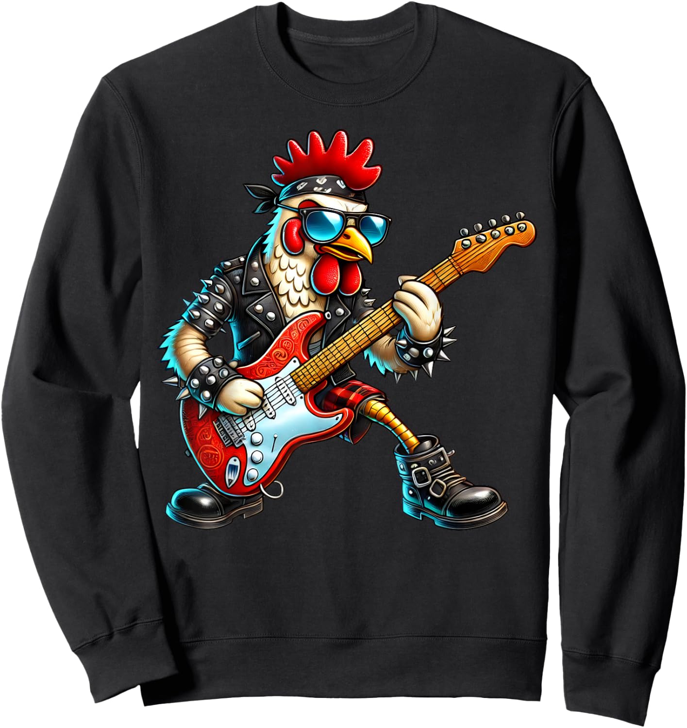 Funny Punk Chicken Rock N Roll Chicken Guitar Band Sweatshirt - Sweatshirt | Black