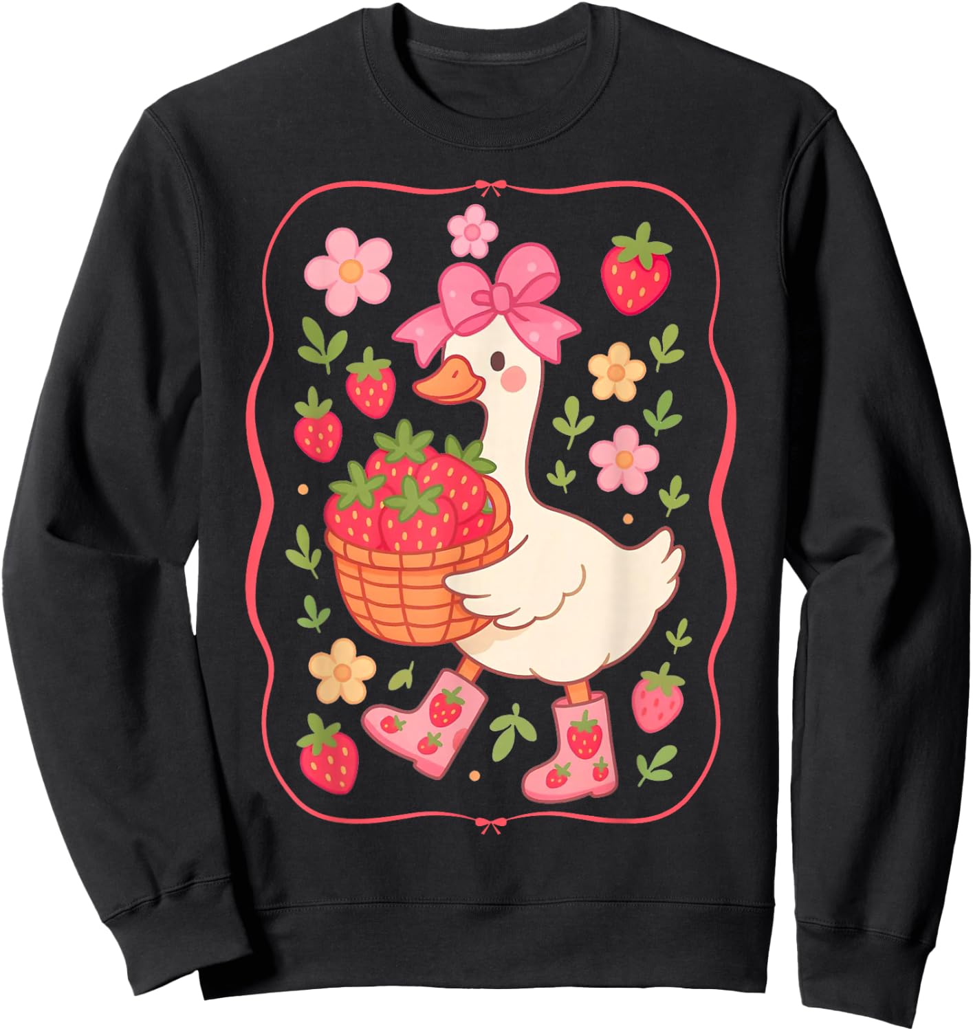 Cute Strawberry Goose Coquette Bow Floral Summer Goose Sweatshirt - Sweatshirt | Black