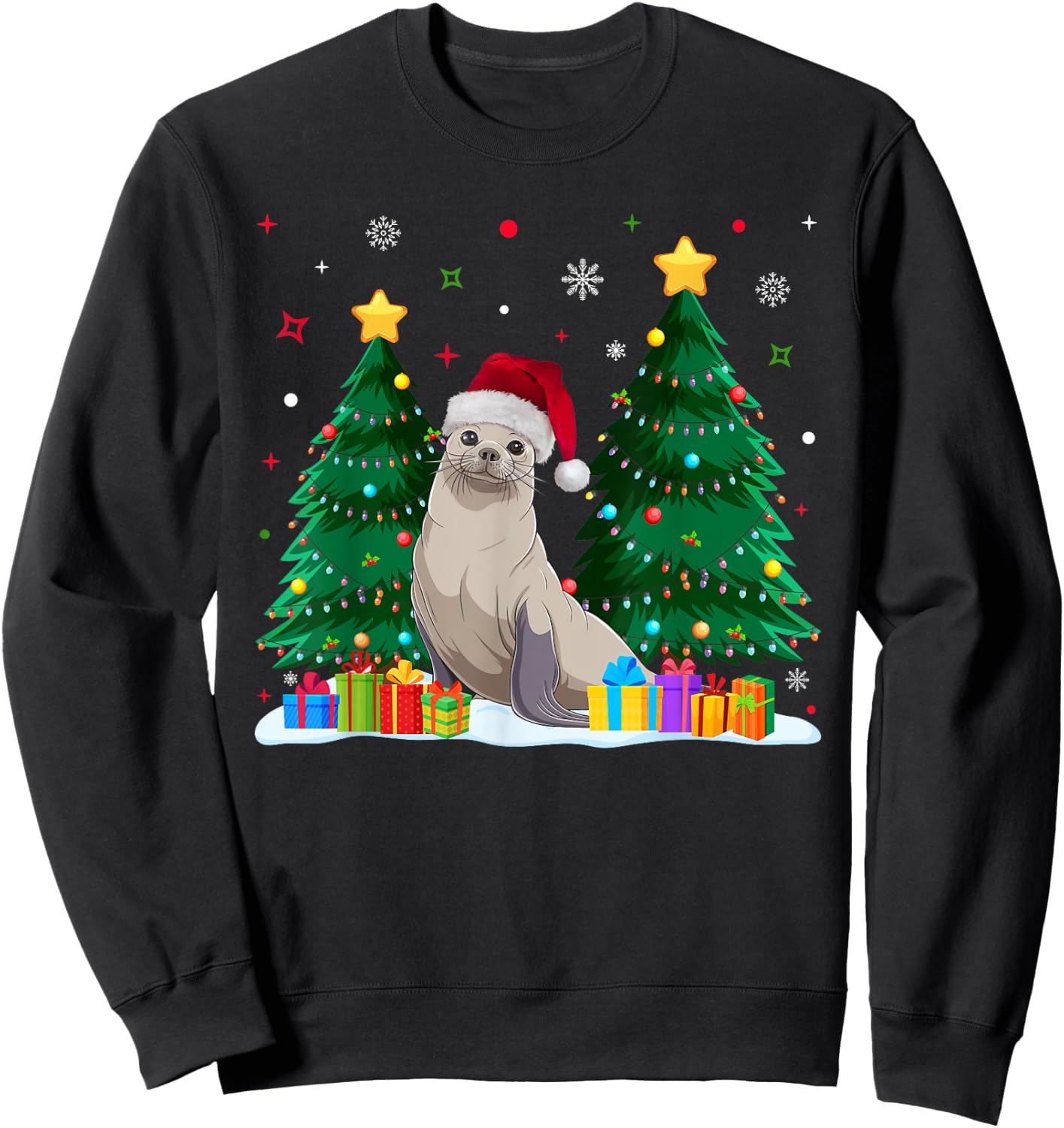 Funny Animal Lovers Seal Santa Hat Ugly Christmas Sweater Sweatshirt - Sweatshirt | Black