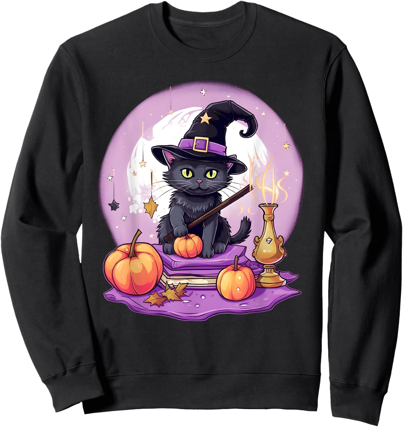 Black Cat Witch Halloween Toddler Girls Moon Sweatshirt - Sweatshirt | Black