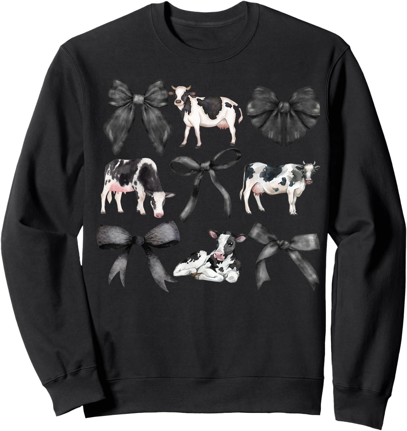 Kristen Michael Coquette Cows, Cows and Bows, Watercolor, Holsteins , Small, Grey Sweatshirt - Sweatshirt | Black