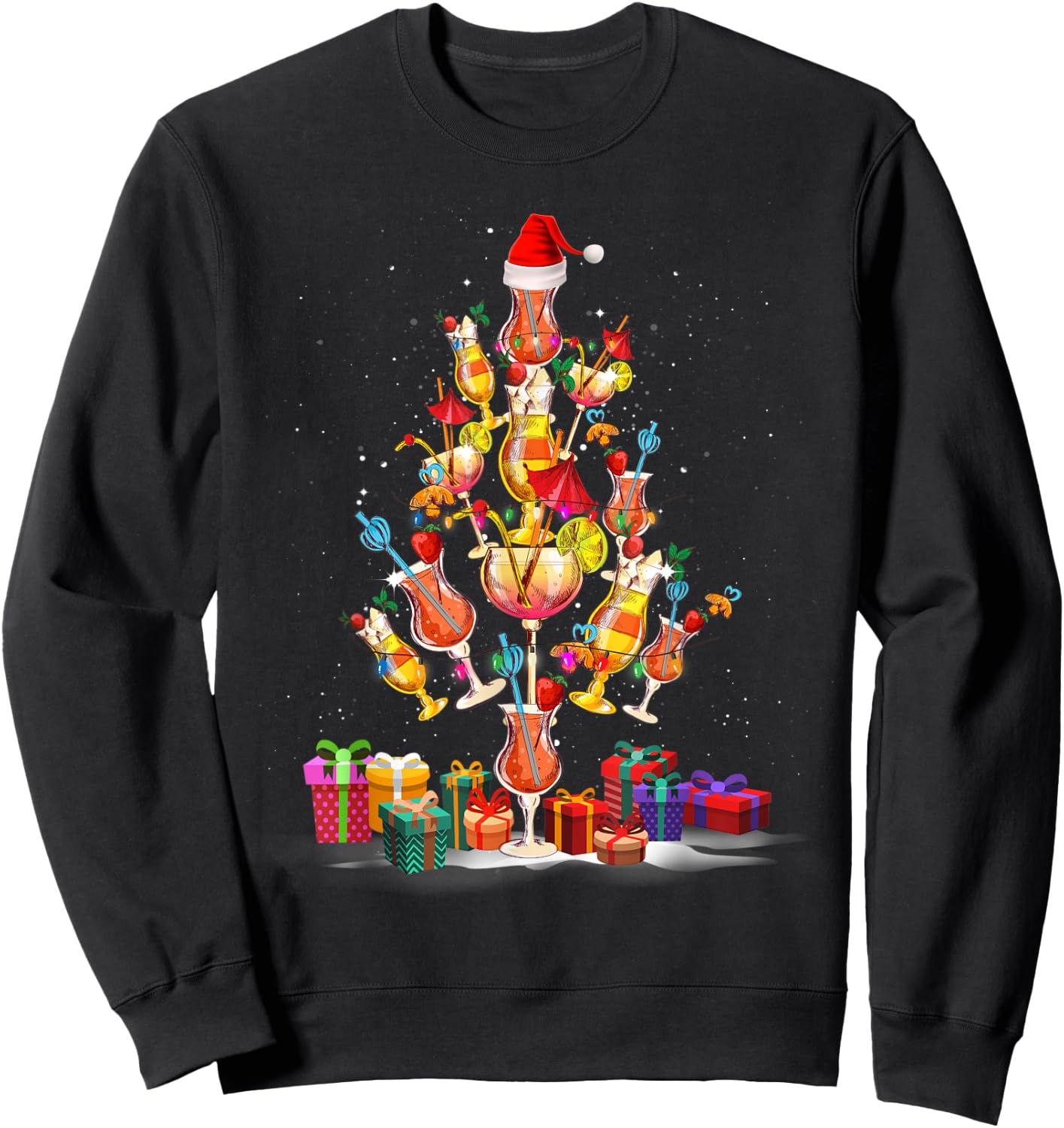 Cocktail Glasses Santa Hat Christmas Tree Drinks Xmas Pajama Sweatshirt - Sweatshirt | Black
