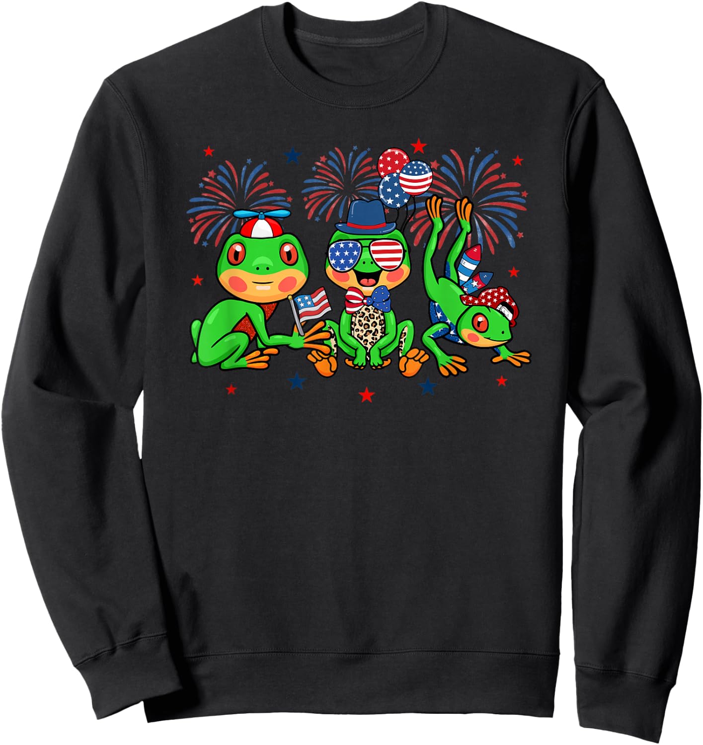 Funny Frog American Flag Leopard Fireworks 4th Of July Sweatshirt - Sweatshirt | Black