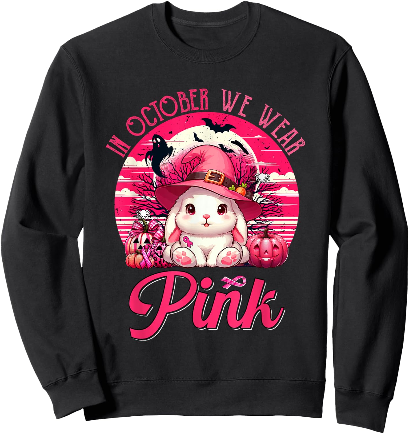 In October We Wear Pink Breast Cancer Awareness Bunny Sweatshirt - Sweatshirt | Black