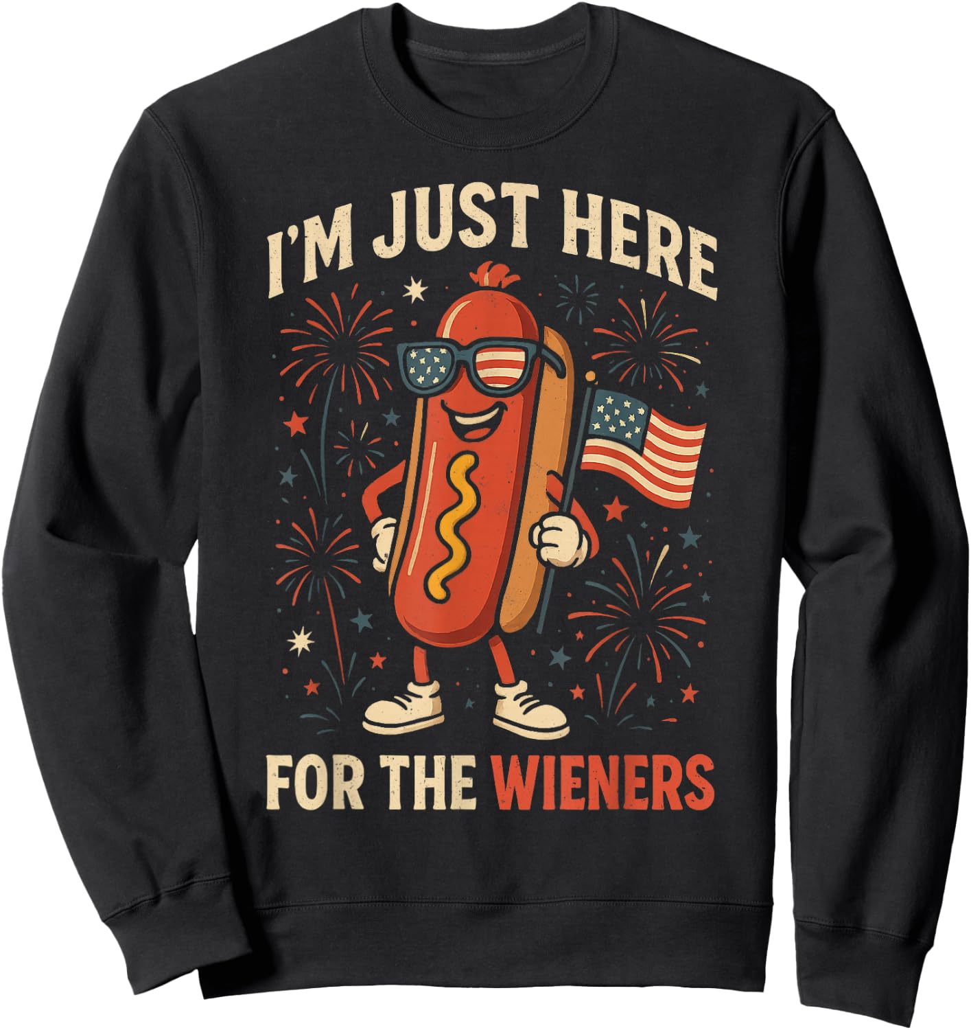Vintage Hot Dog I'm Just Here For The Wieners 4TH of July Sweatshirt - Sweatshirt | Black