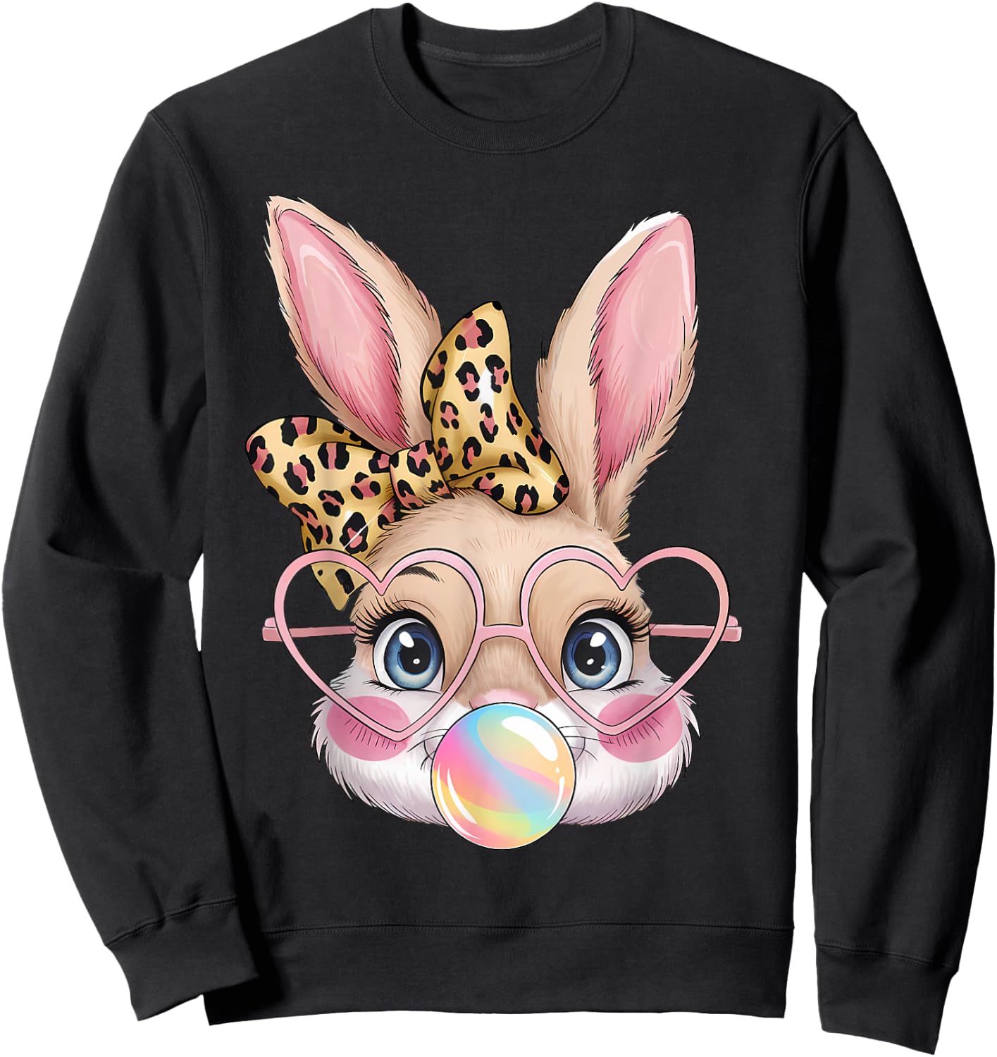 Cute Bunny Rabbit Face Leopard Bow Girls Happy Easter Day Sweatshirt - Sweatshirt | Black