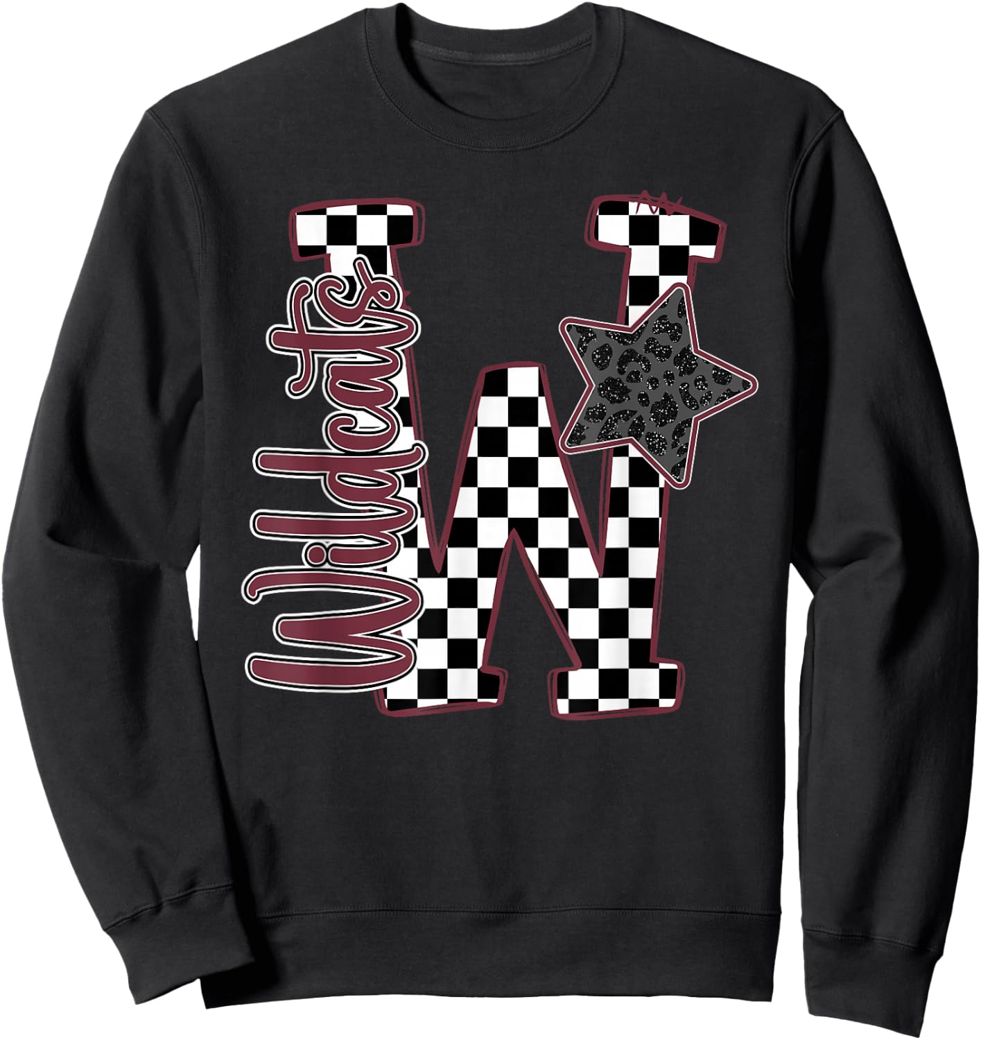 Maroon Wildcats Checkered Print Star Leopard School Spirit Sweatshirt - Sweatshirt | Black