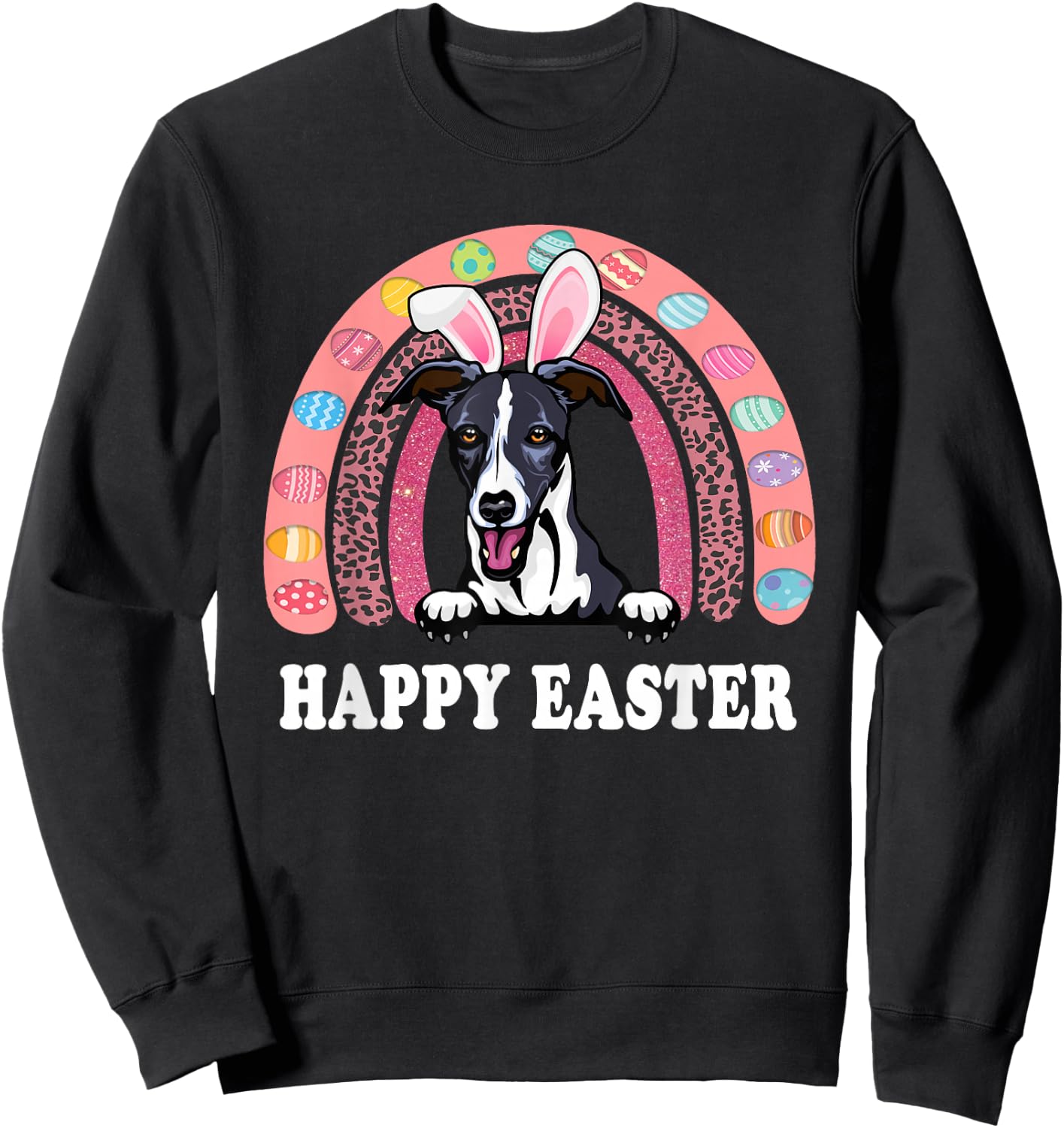 Whippet Dog Easter Bunny Eggs Hunting Boho Rainbow Sweatshirt - Sweatshirt | Black