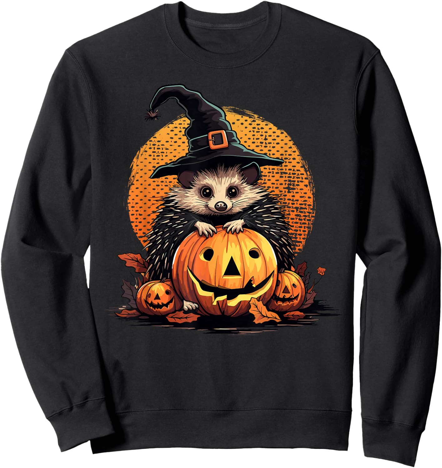 Hedgehog Halloween Pumpkin Funny Hedgehog Witch Graphic Sweatshirt - Sweatshirt | Black