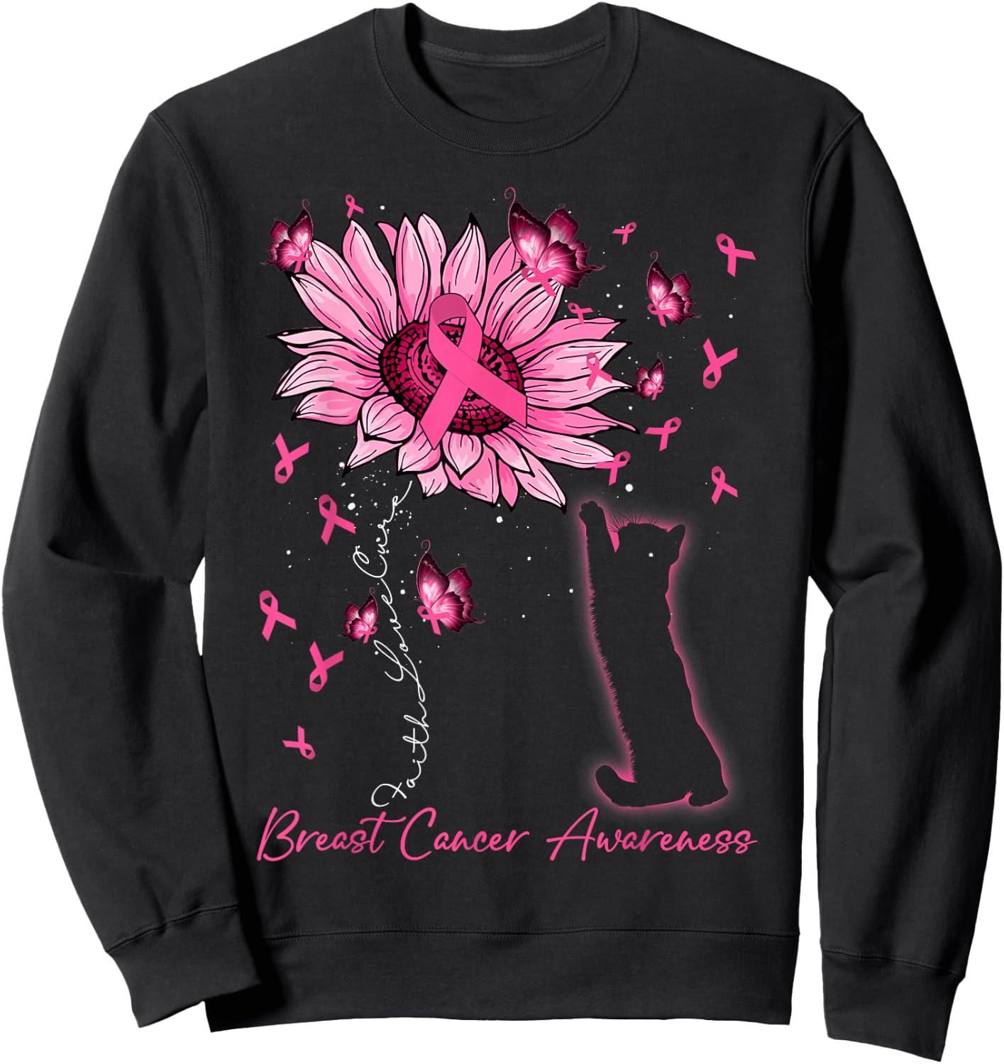 Faith Love Cure Breast Cancer Black Cat & Sunflower Women Sweatshirt - Sweatshirt | Black
