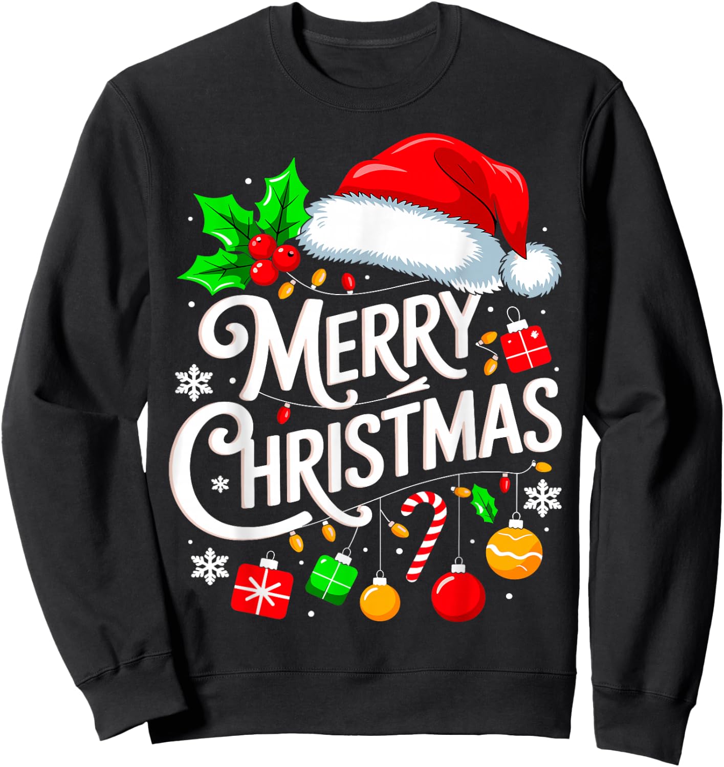 Merry Christmas Lights Family Santa Hat Xmas Sweatshirt - Sweatshirt | Black