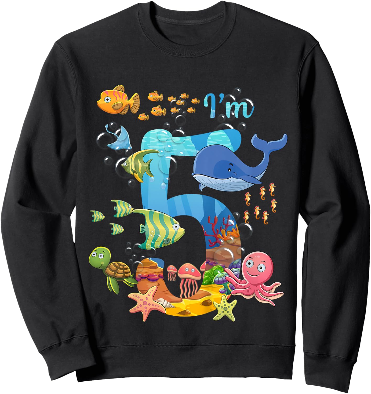 Kids 5 Years Old Whale Fish Ocean Theme 5th Birthday Boy Girl , black Sweatshirt - Sweatshirt | Black